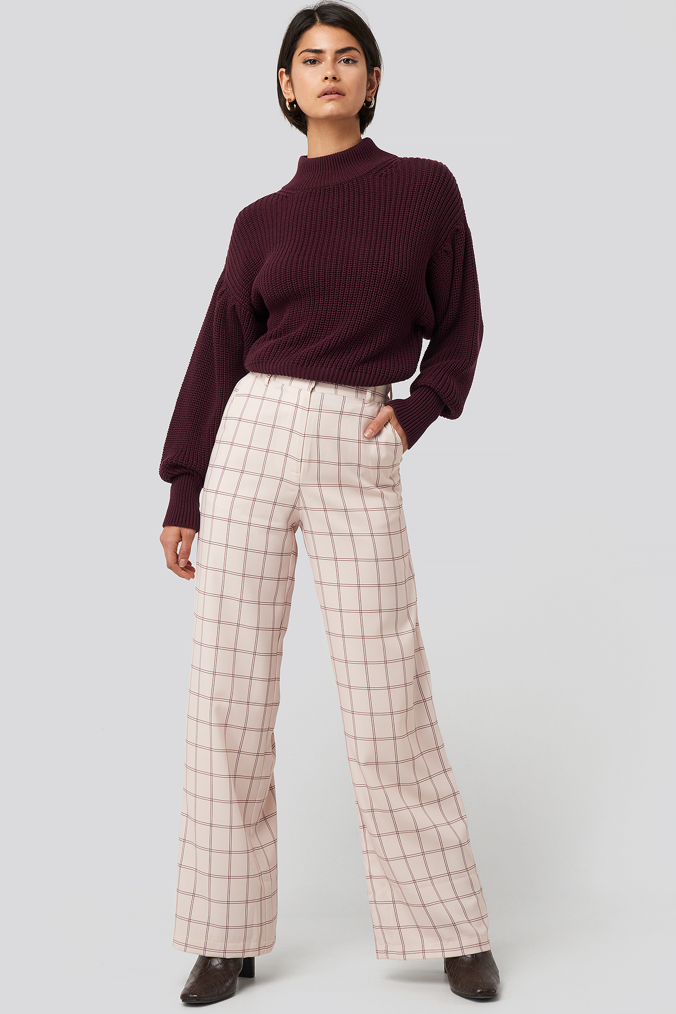 Big Check Wide Leg Suit Pants Sand