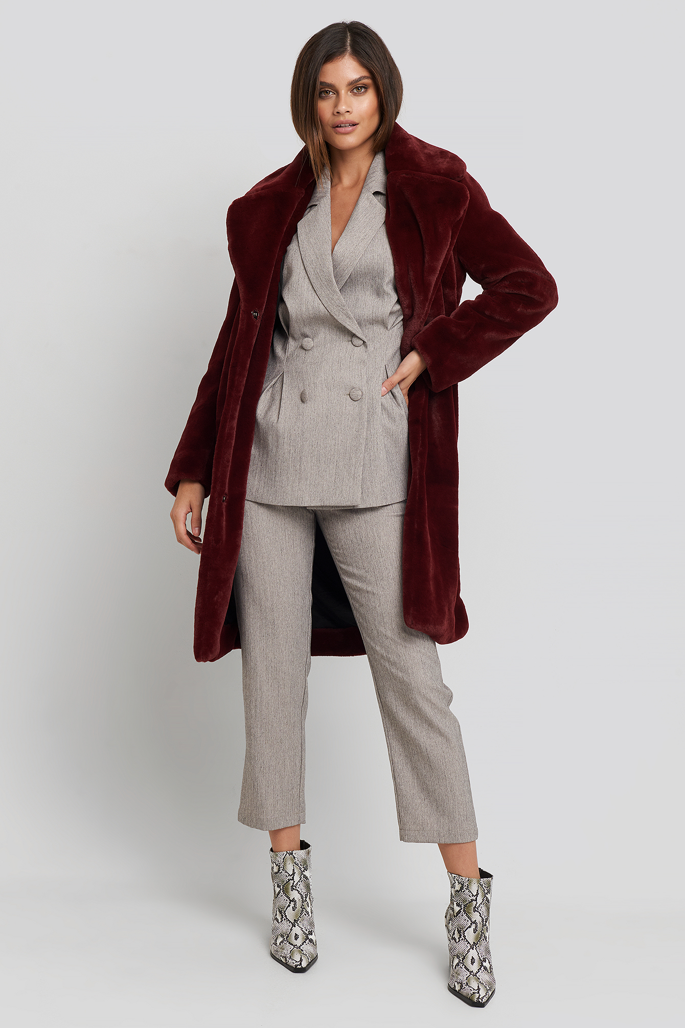 Big Collar Faux Fur Jacket Burgundy