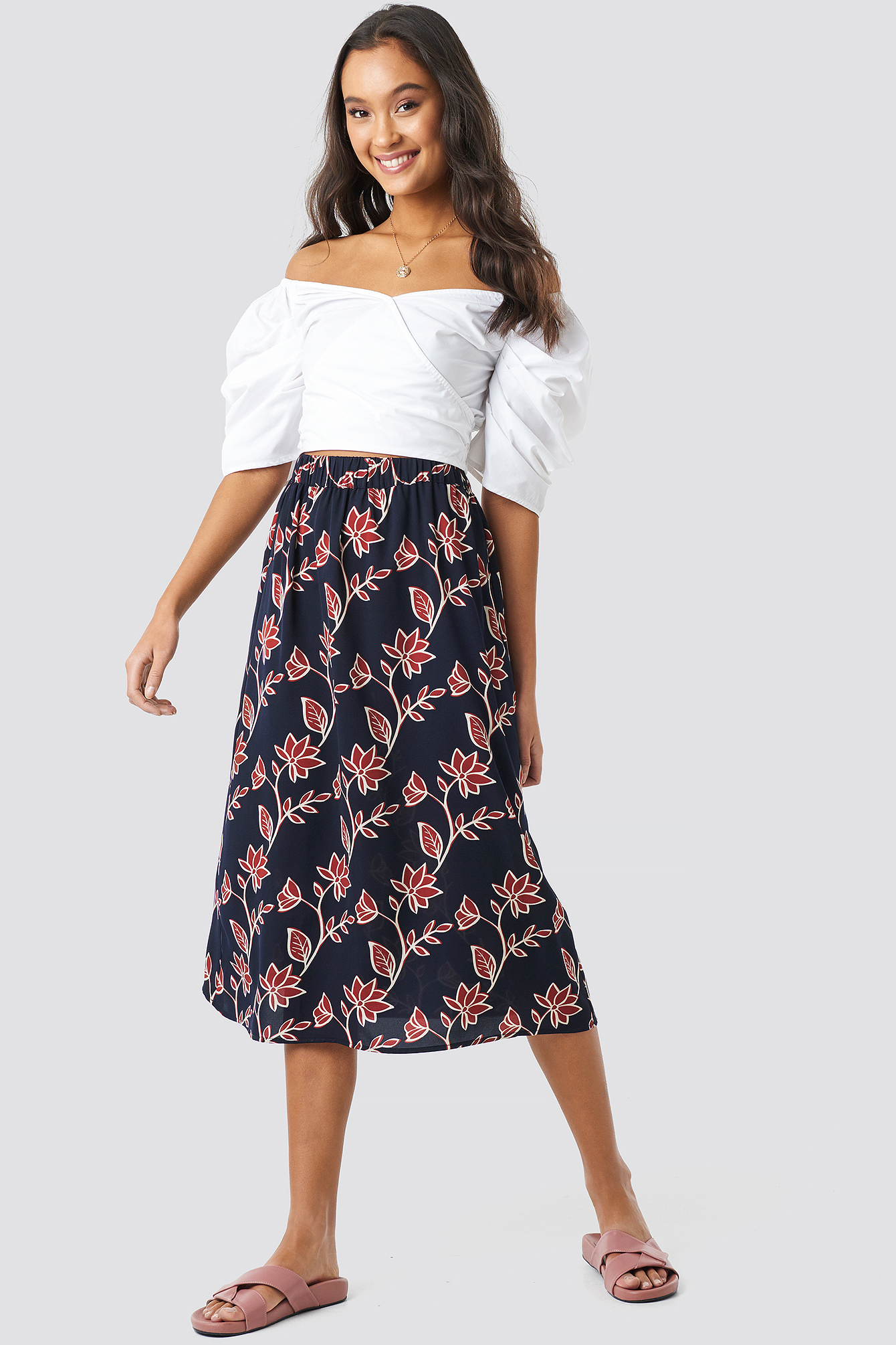 Big Flower Print Midi Skirt Dark Blue