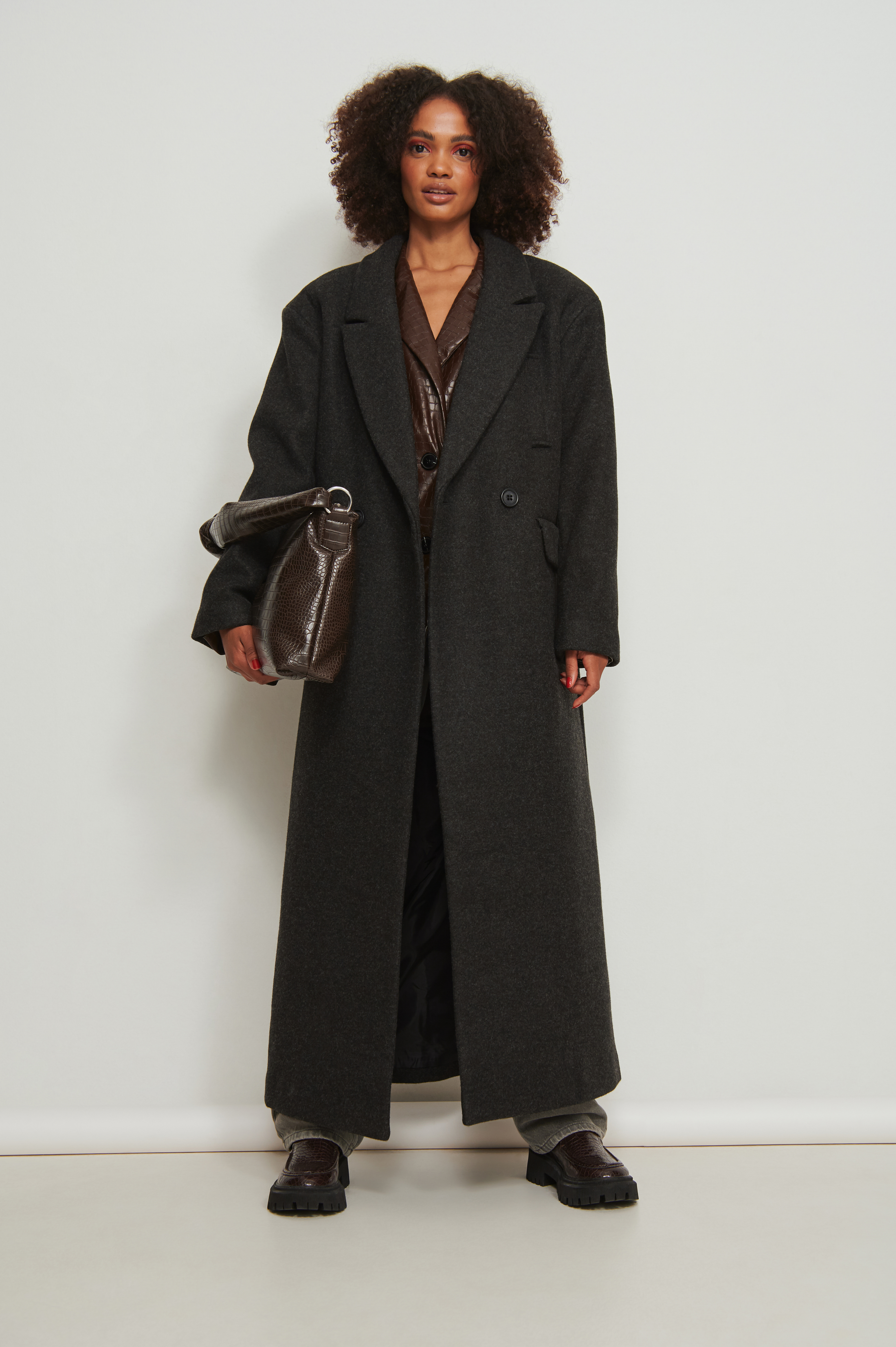 NA-KD Trend Big Shoulders Oversized Wool Blend Coat - Grey