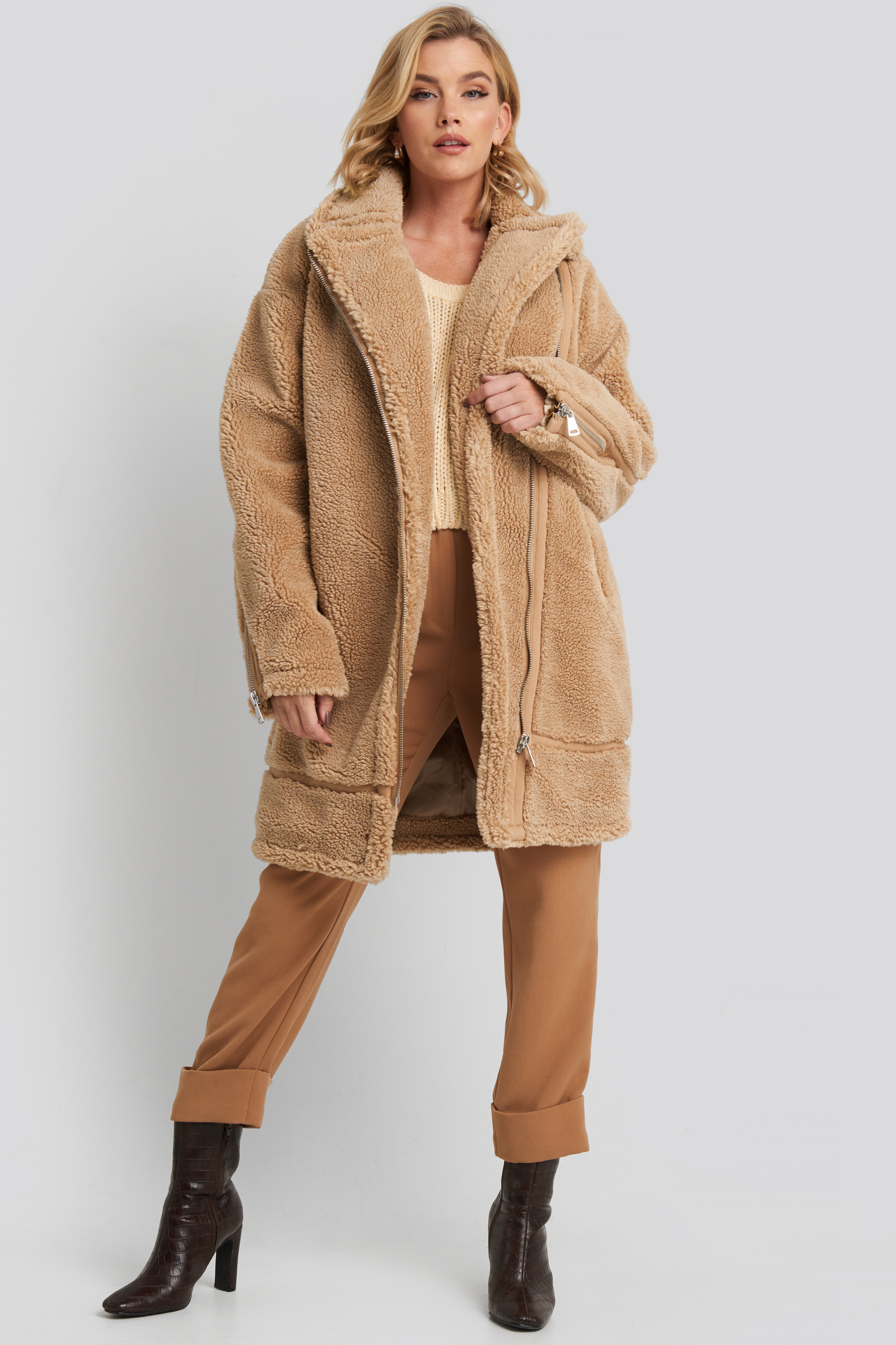 Biker Long Teddy Coat Beige