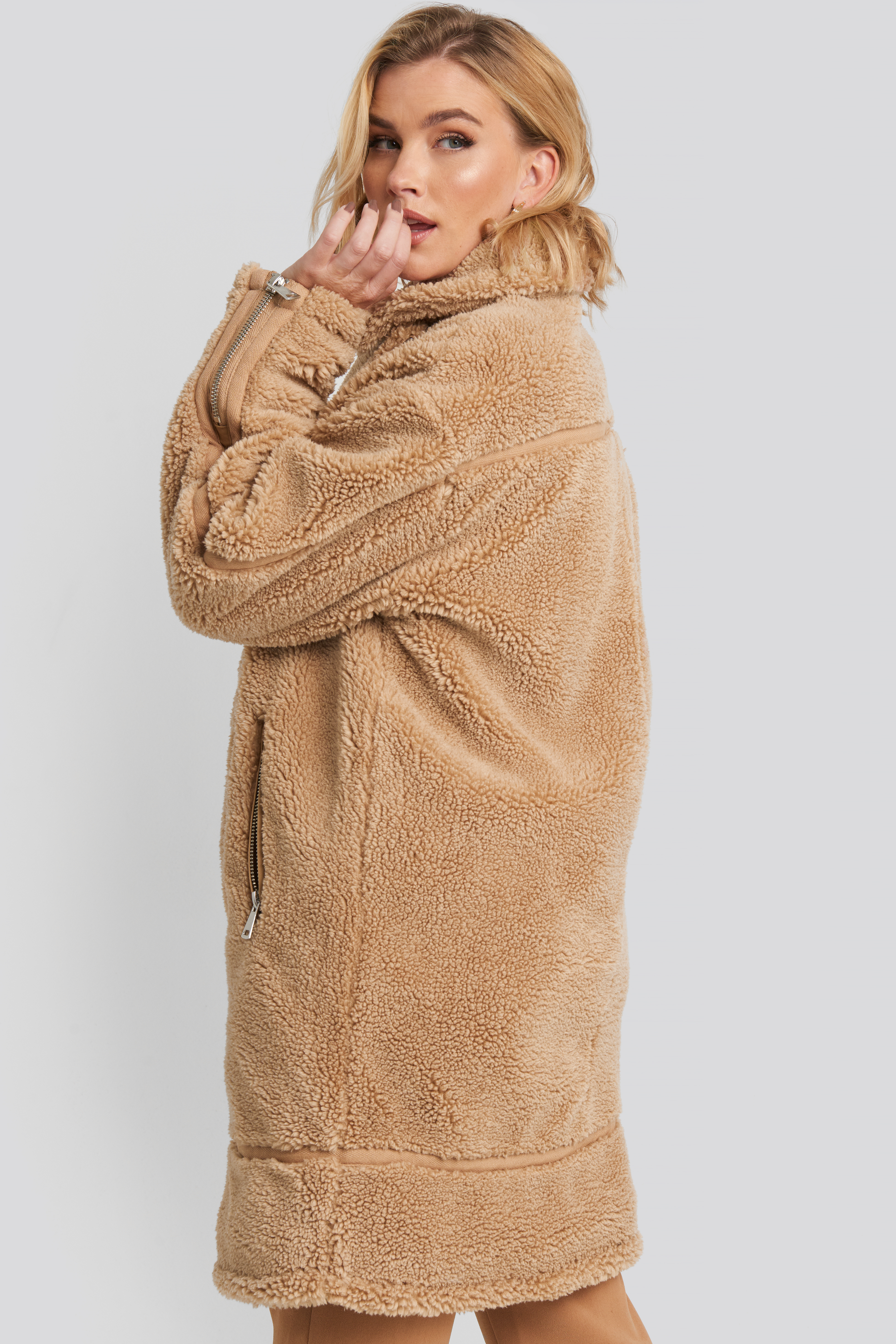 Biker Long Teddy Coat Beige | na-kd.com