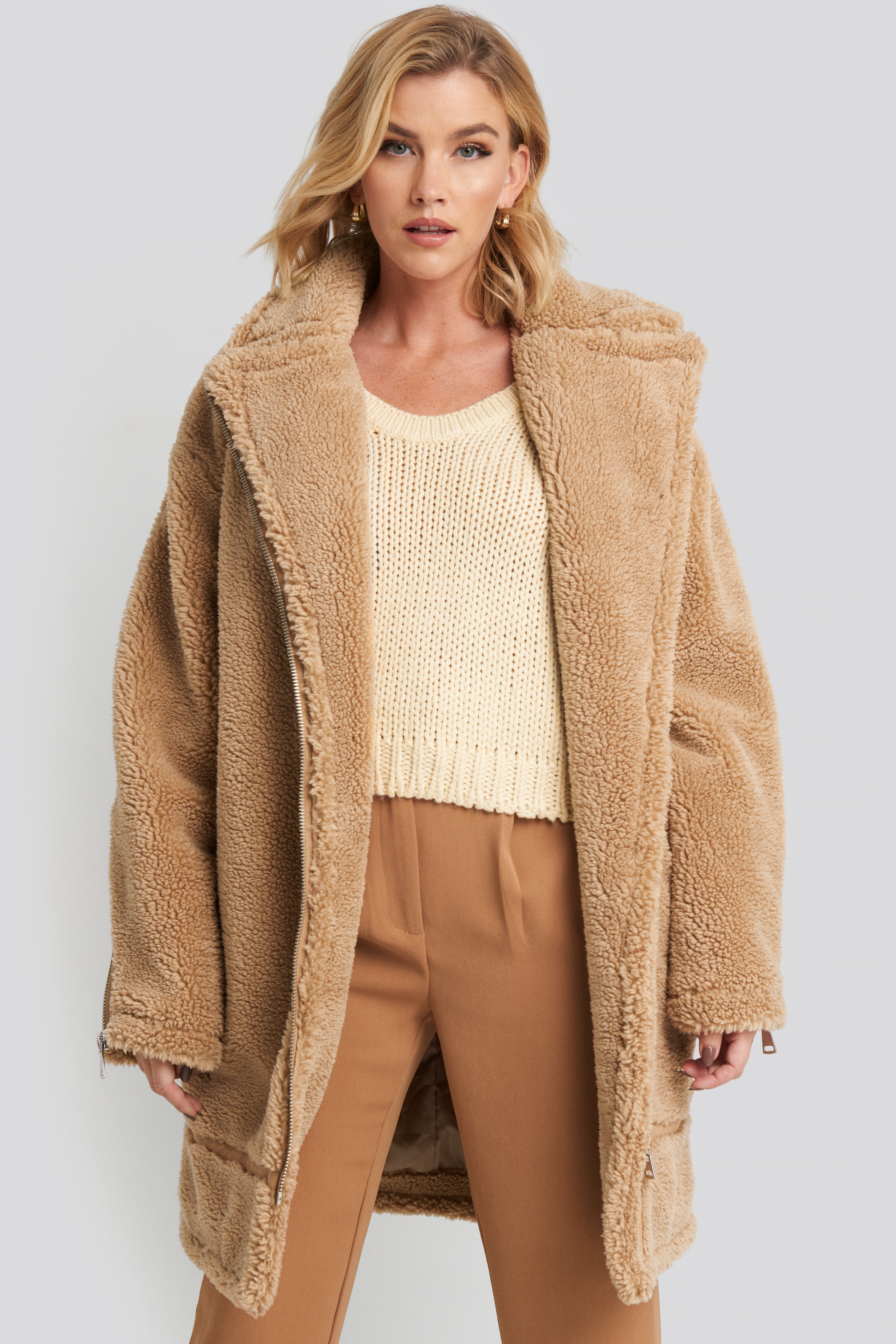 Biker Long Teddy Coat Beige | na-kd.com