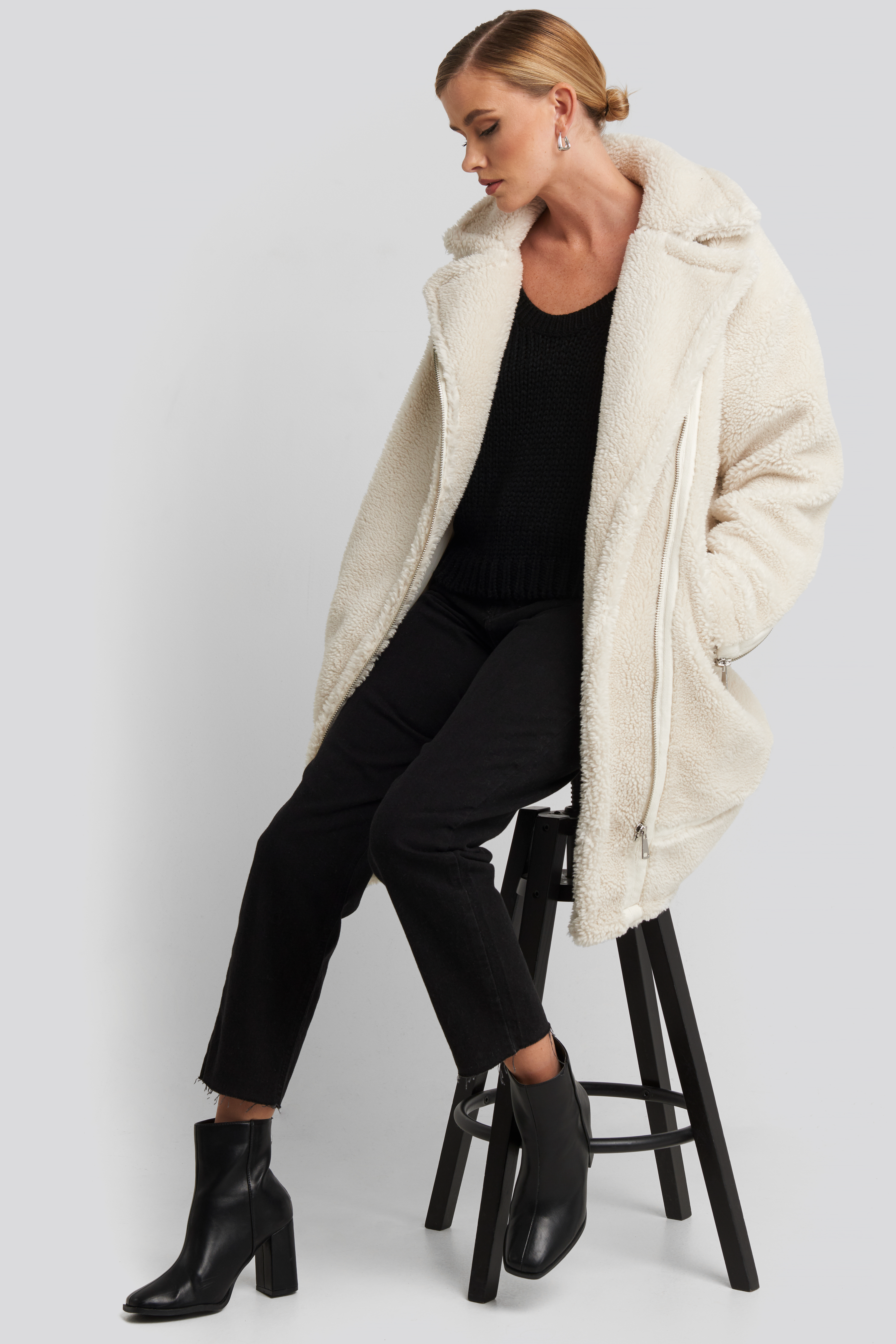 Biker Long Teddy Coat Offwhite