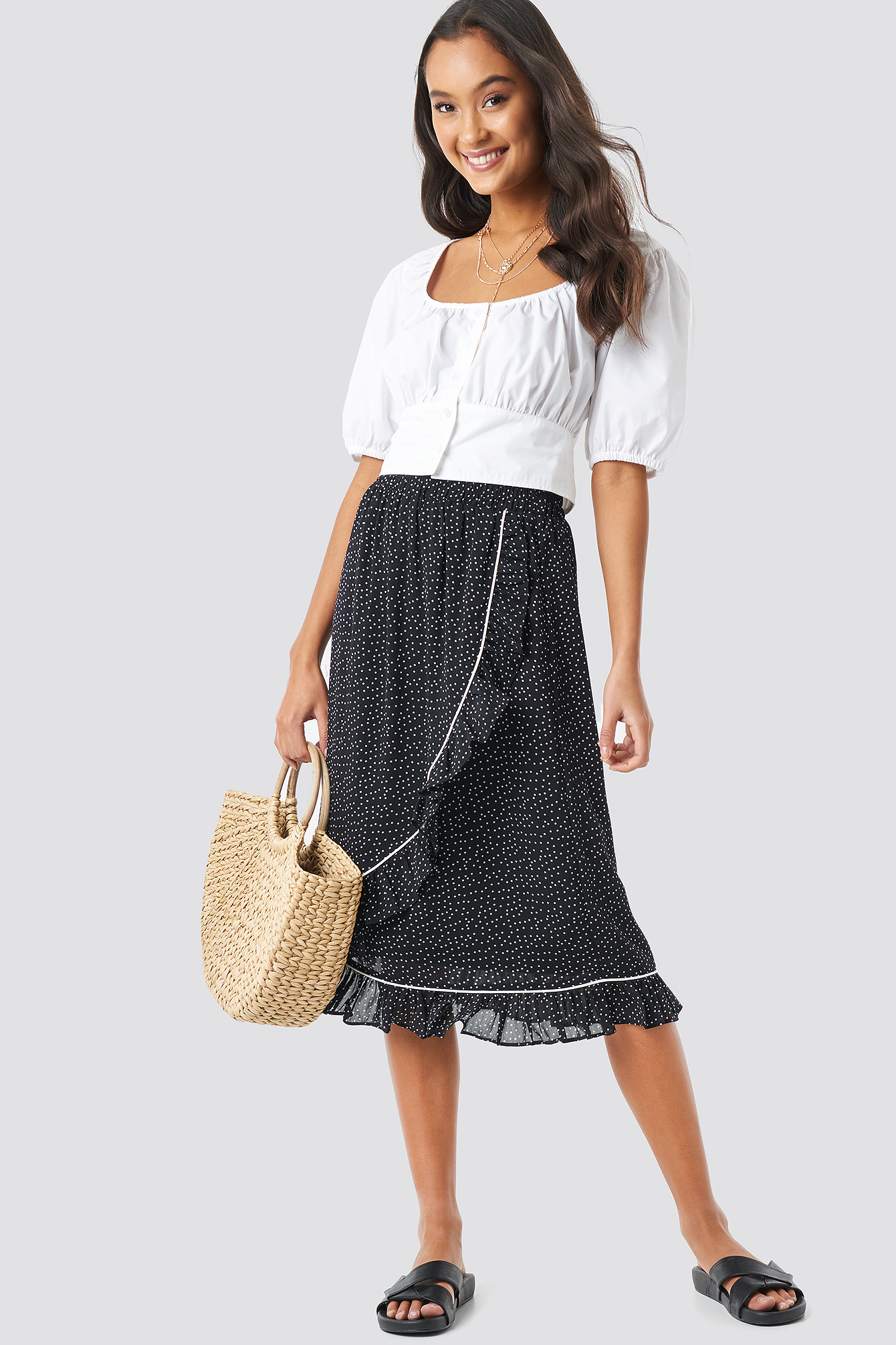 Binding Detail Dot Skirt Black/White dots