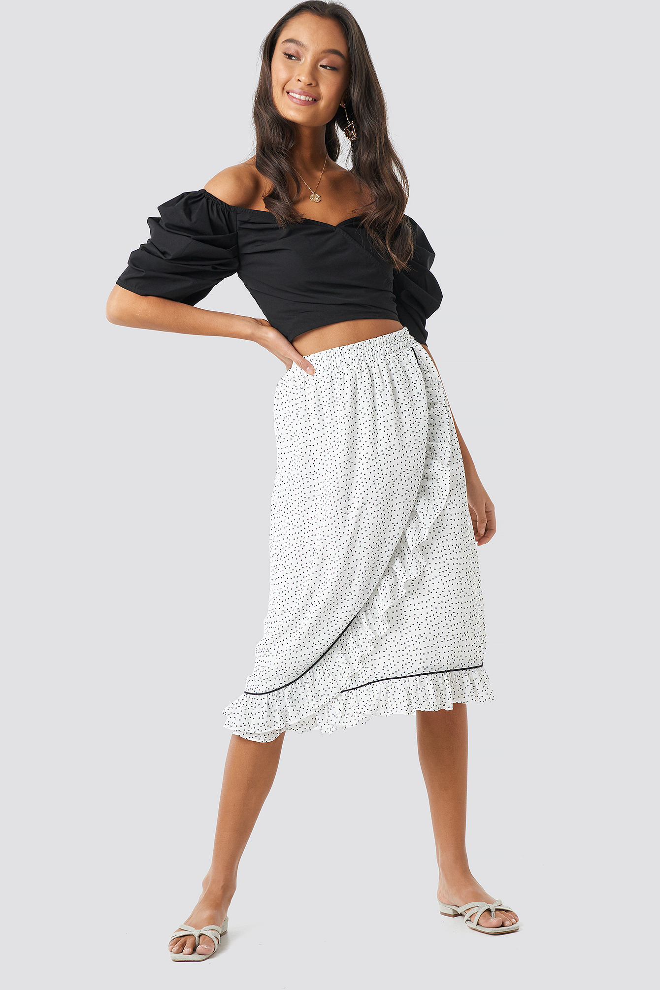 Binding Detail Dot Skirt White/Black Dot