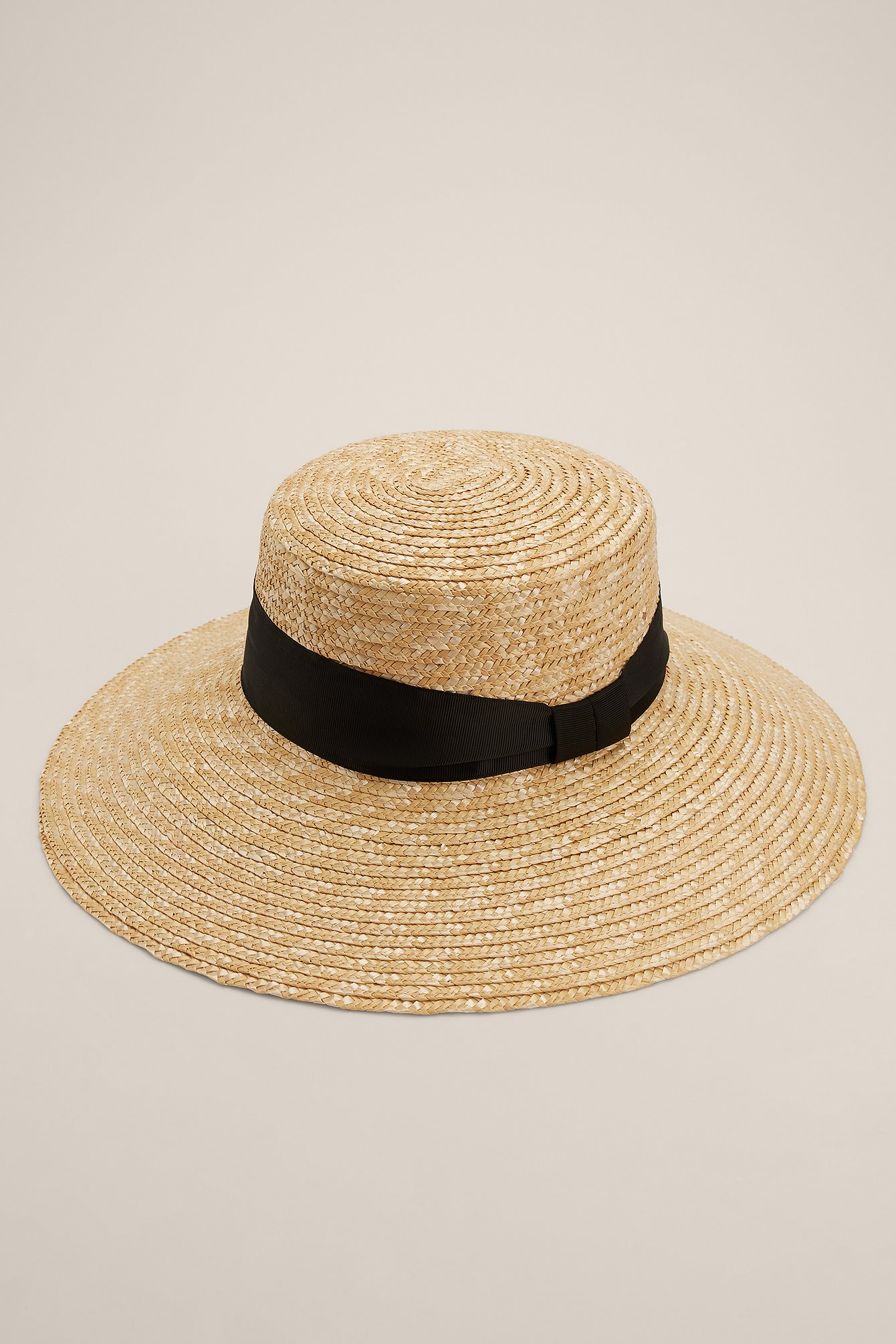 Beige Black Ribbon Straw Hat