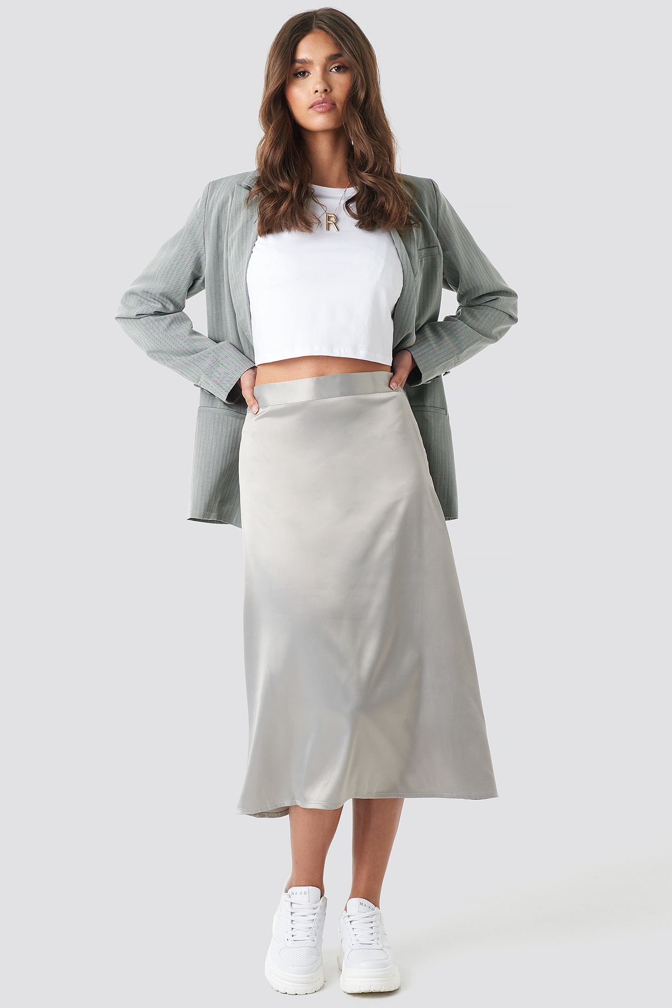 Bias Cut Satin Midi Skirt Grey