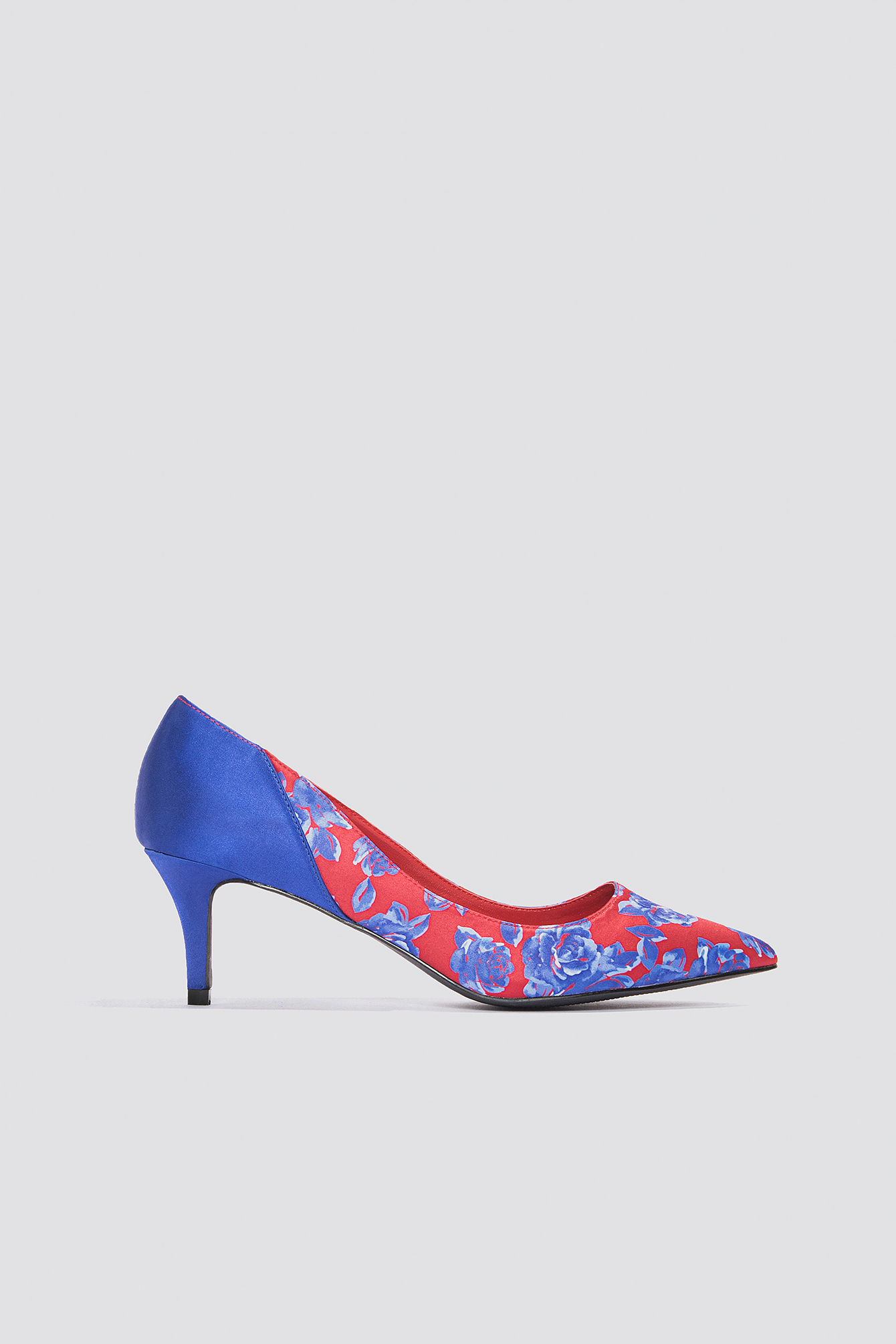 Block Mid Heel Satin Pumps Blue Flower