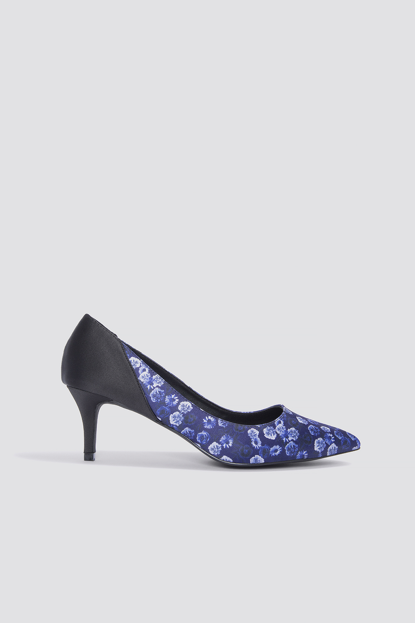 Block Mid Heel Satin Pumps Small Blue Flowers