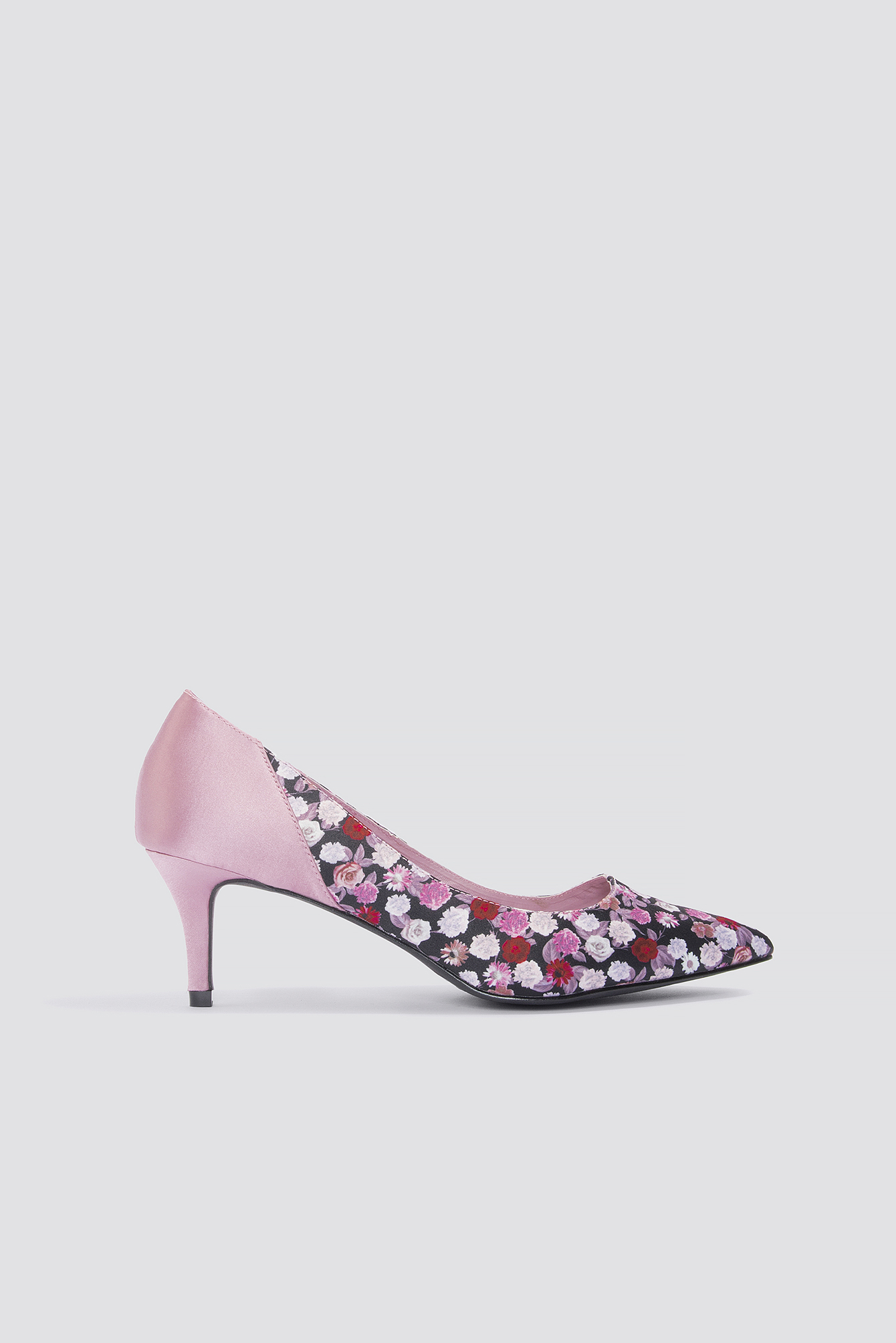 Block Mid Heel Satin Pumps Small Pink/Red Flowers