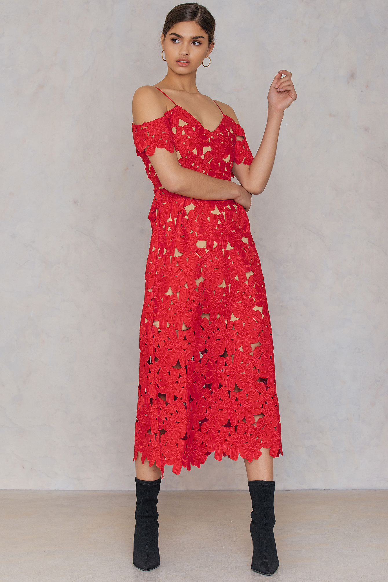 Cold Shoulder Crochet Midi Dress Red