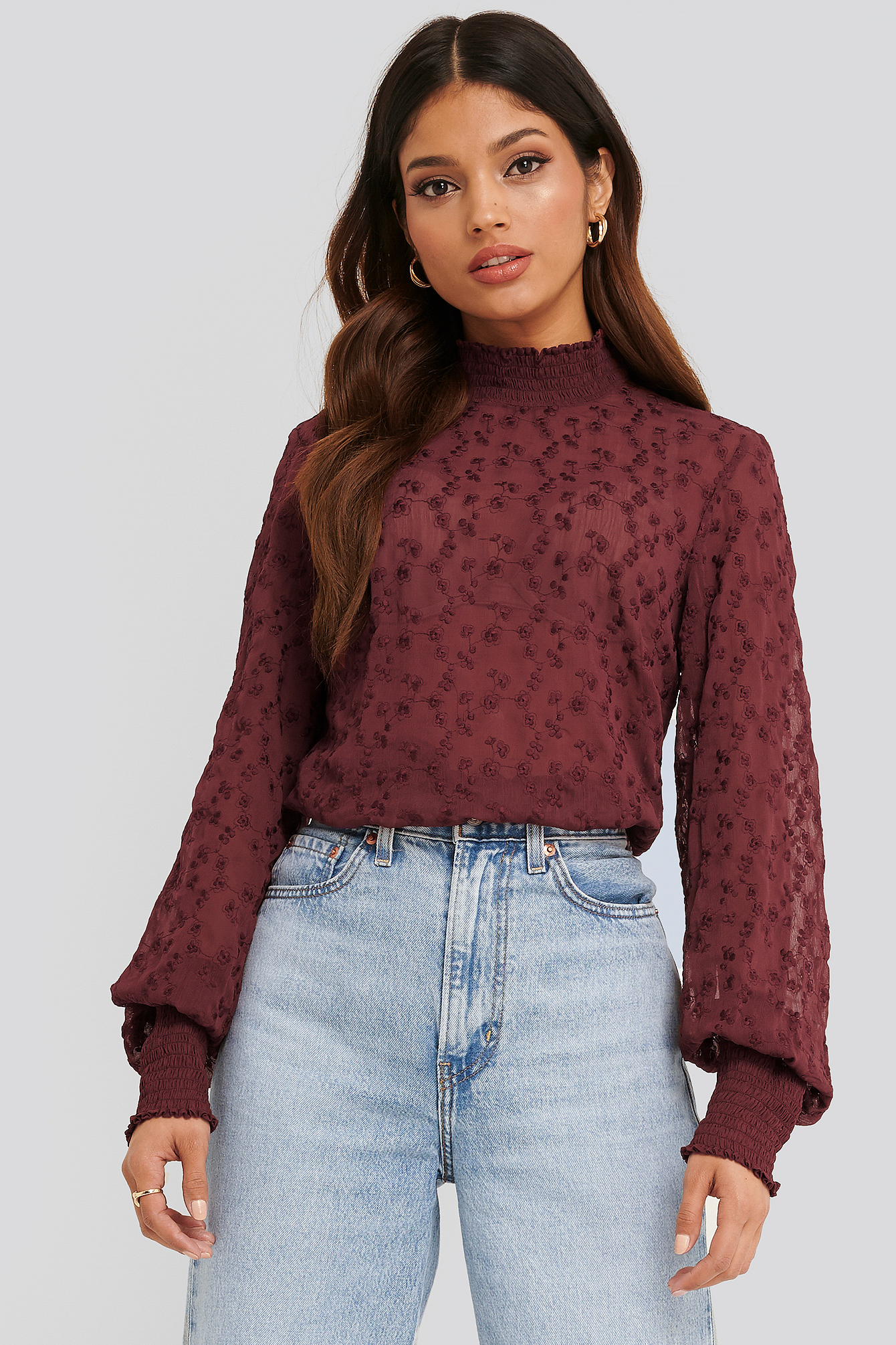 Embroidery Smock Blouse Burgundy