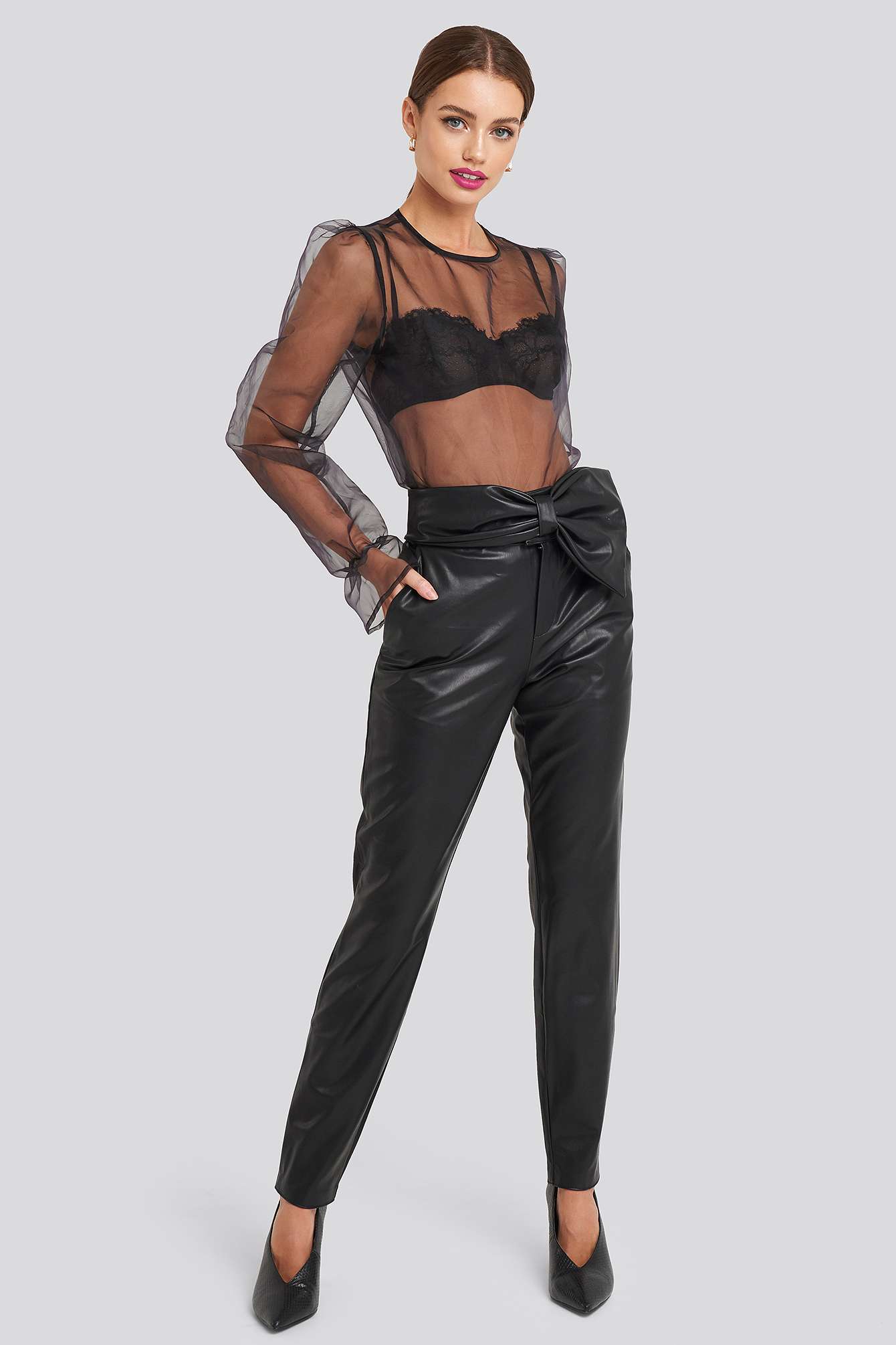 Bow Detail Faux Leather Pants Black