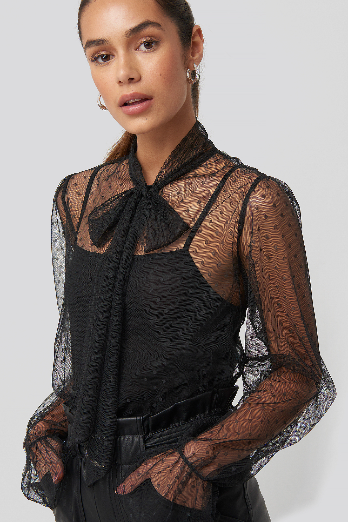 Bow Tie Dotted Mesh Blouse Black
