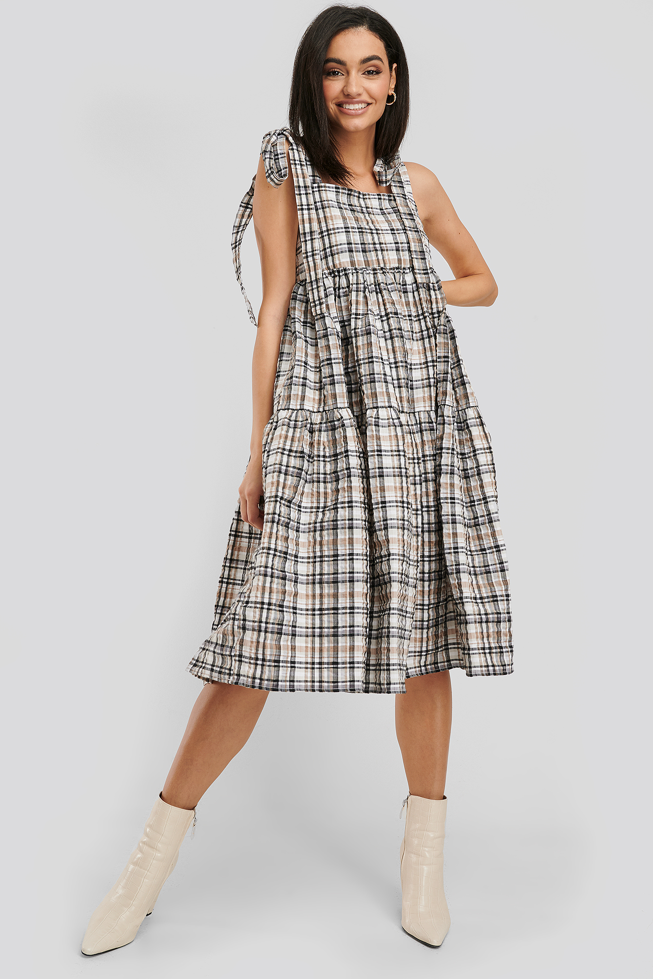 Bow Tie Two Tier Check Dress Brown
