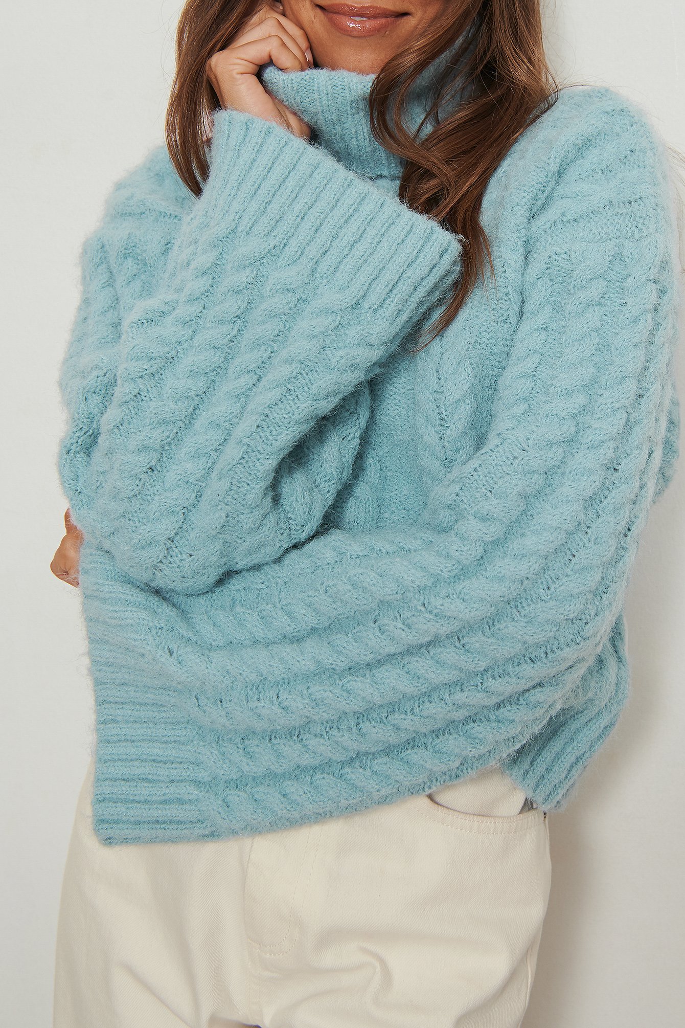 Dusty Blue Boxy Cable Knit High Neck Sweater
