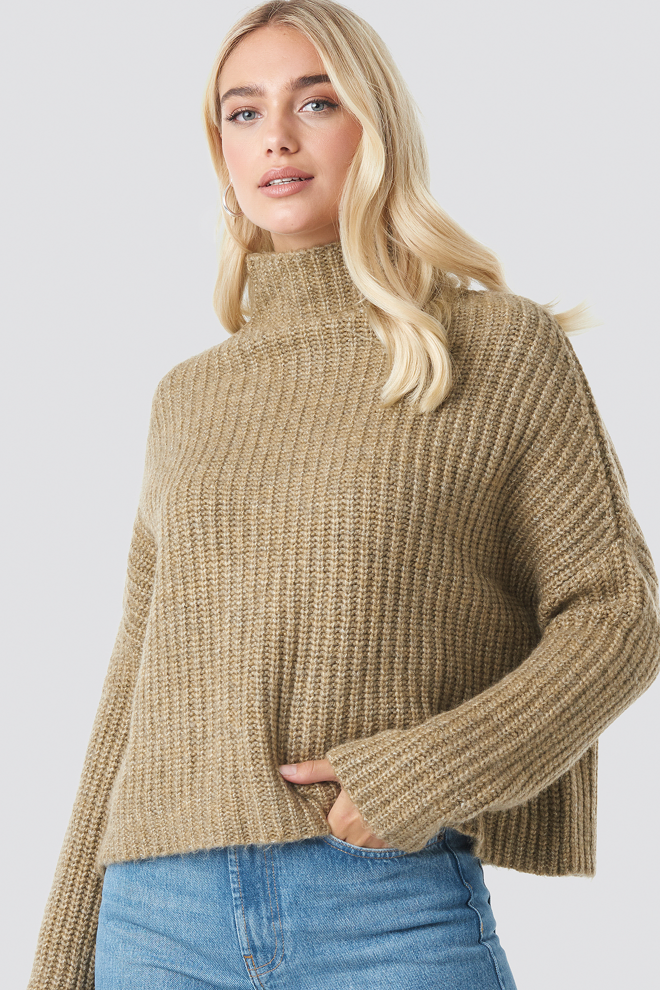 Boxy High Neck Knitted Sweater Light Beige