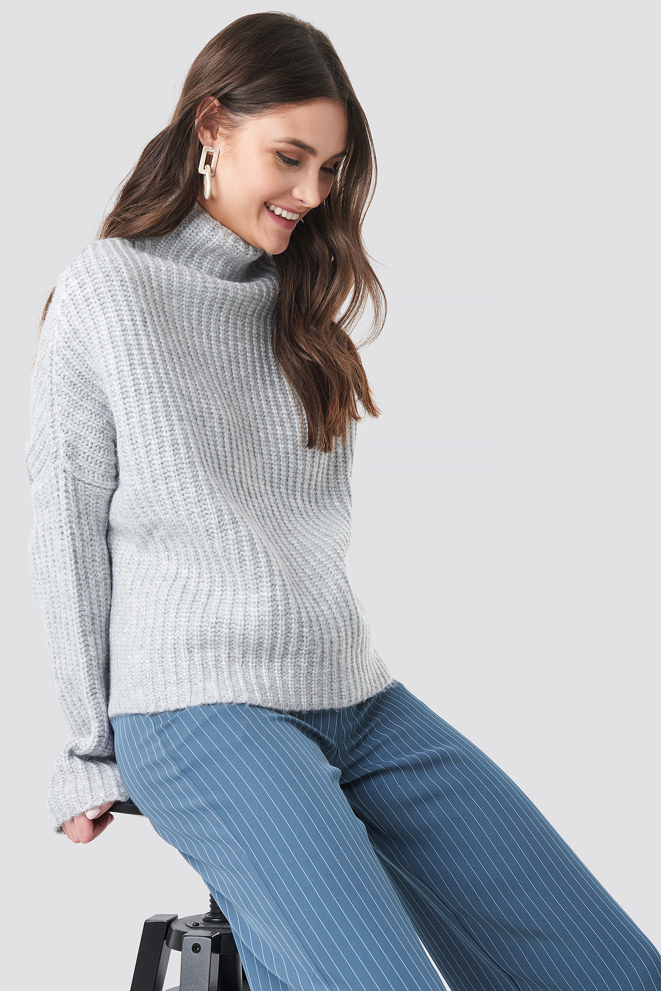 Boxy High Neck Knitted Sweater Light Grey