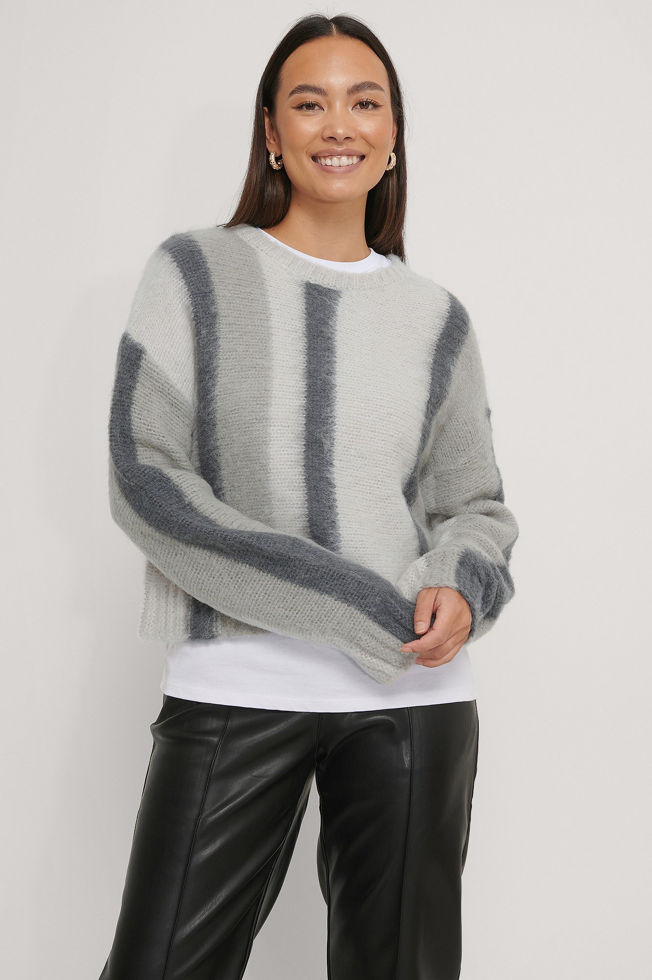 Grey Brushed Knitted Striped Sweater