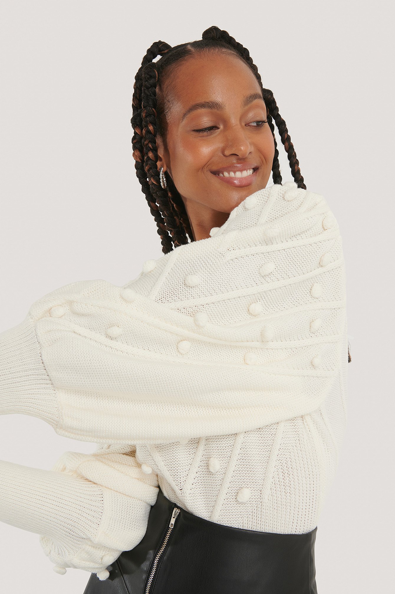 White Bubble Detail Balloon Knitted Sweater