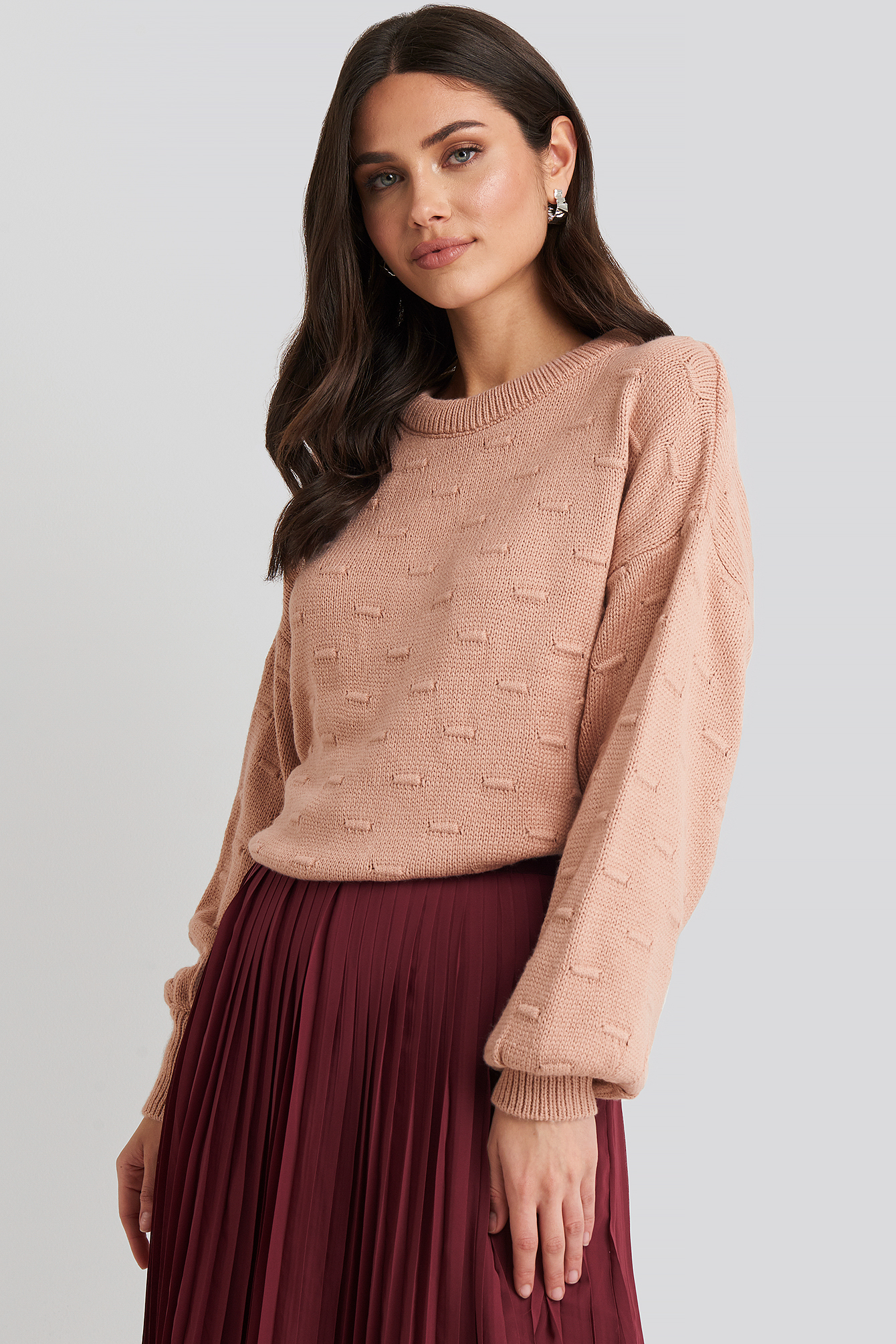 Bubble Stitch Balloon Sleeve Knitted Sweater Dusty Pink