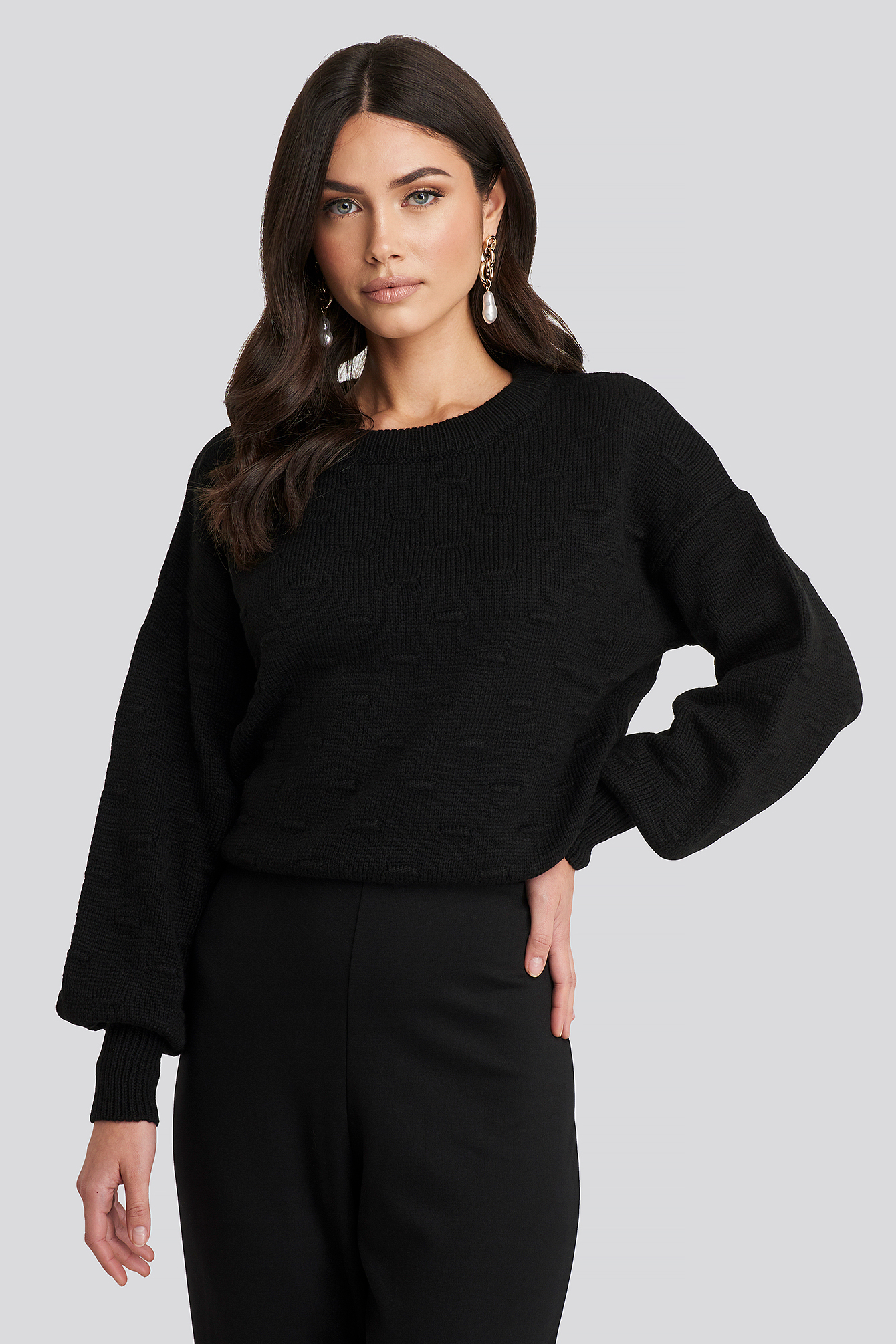 Bubble Stitch Balloon Sleeve Knitted Sweater Black