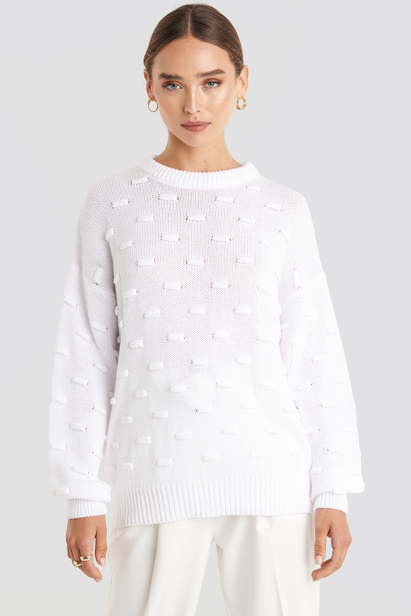 Bubble Stitch Balloon Sleeve Knitted Sweater White