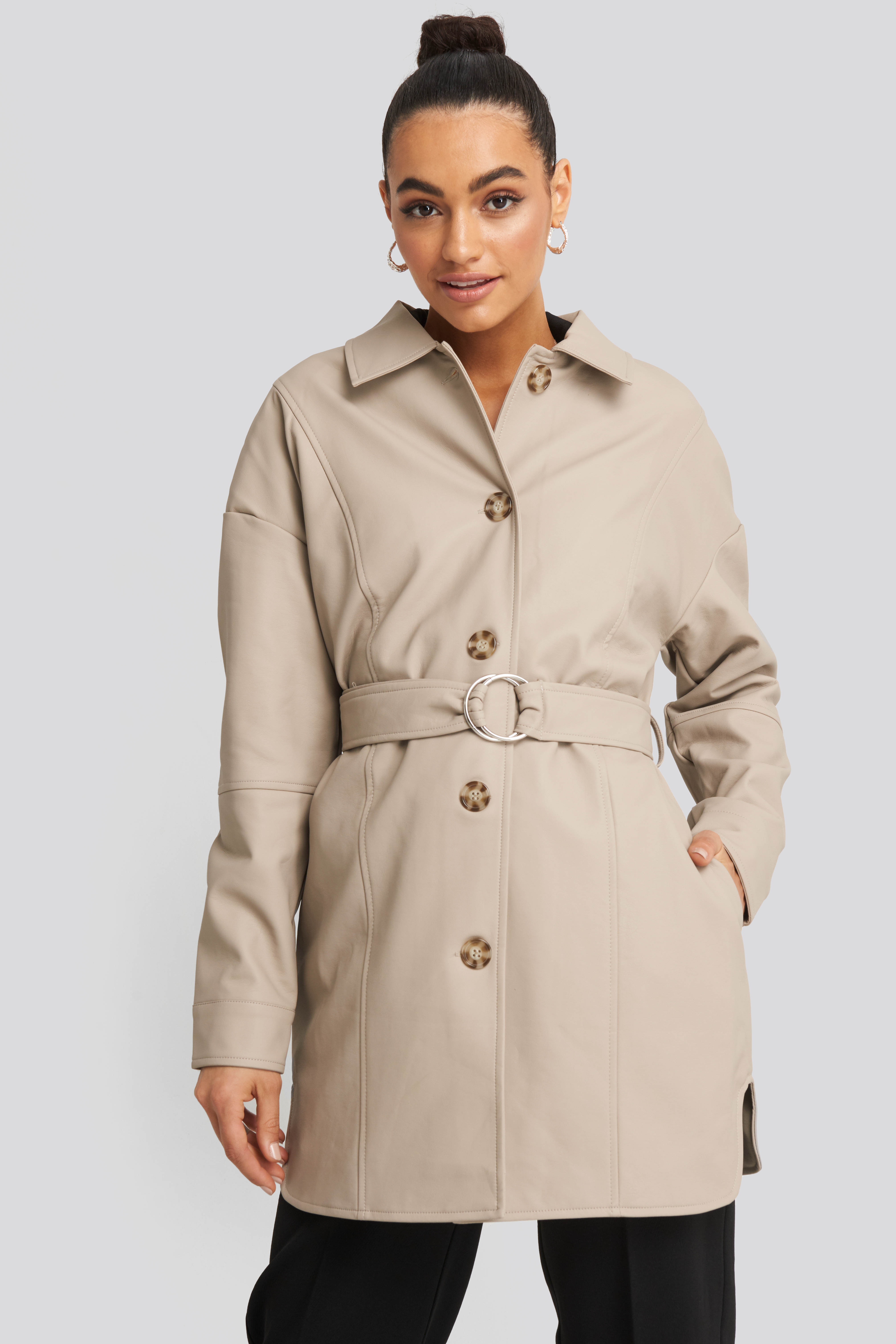 Buckle Belt Pu Jacket Beige