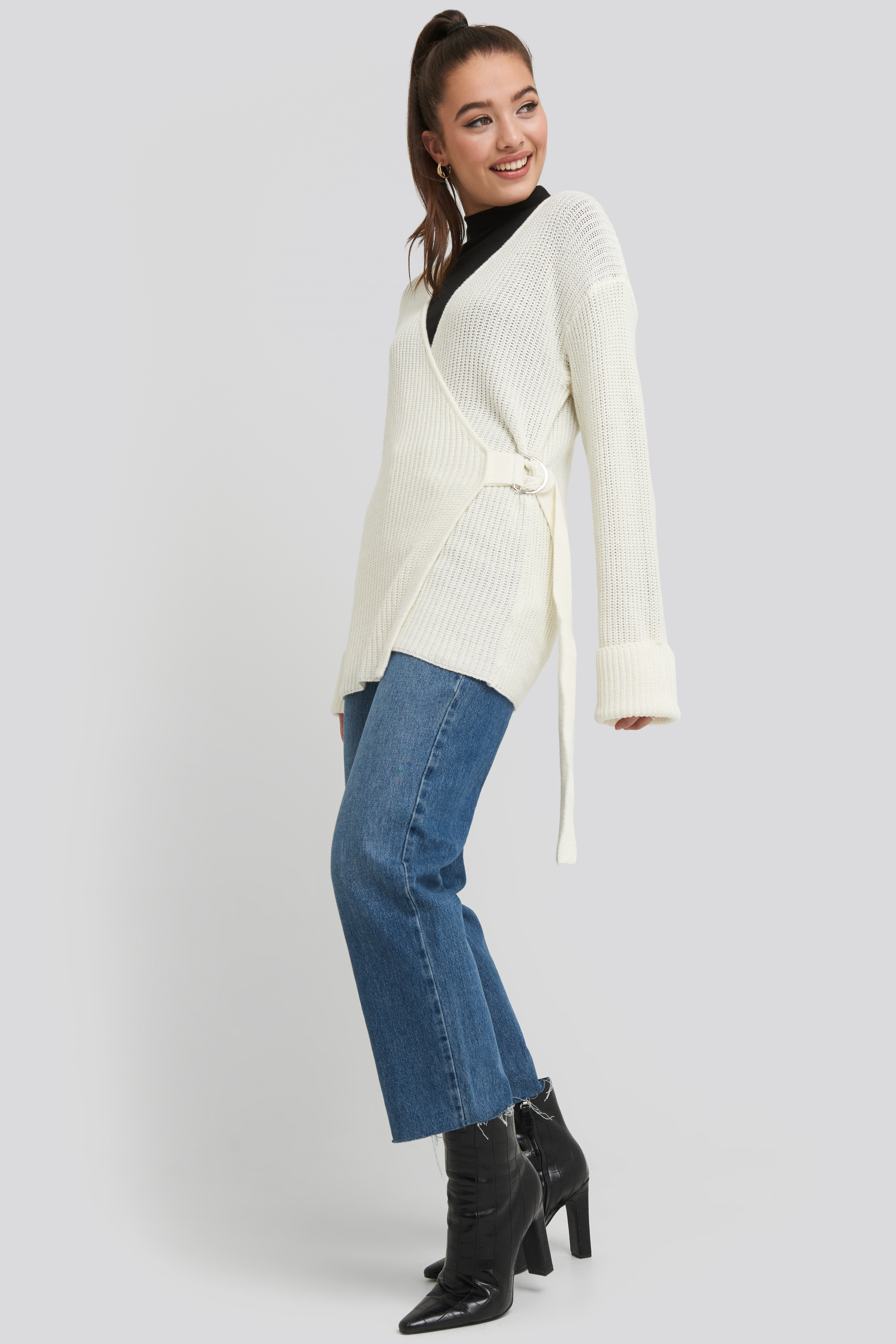 Buckle Detail Knitted Cardigan White