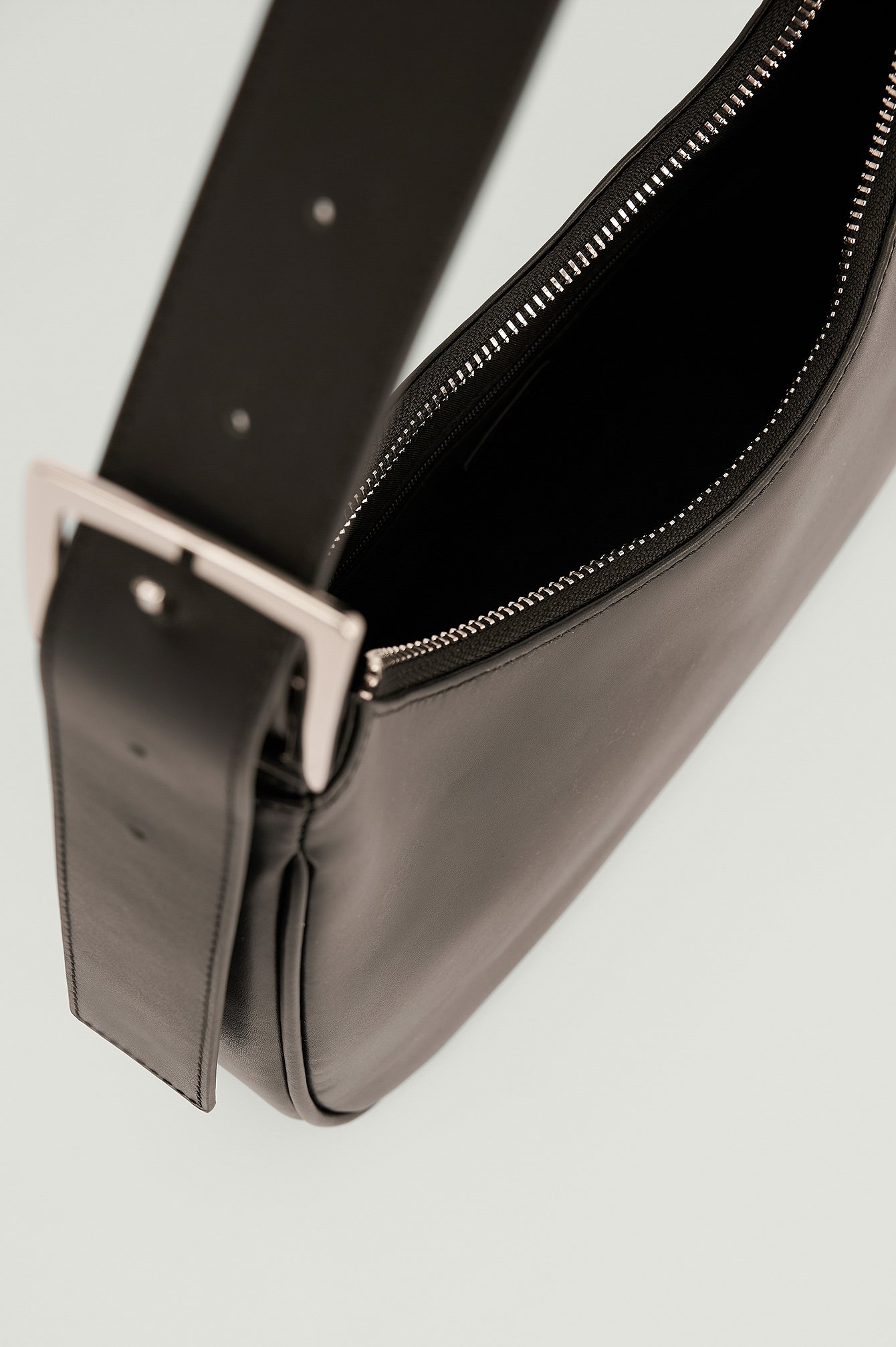 Black Buckled Leather Baguette Bag