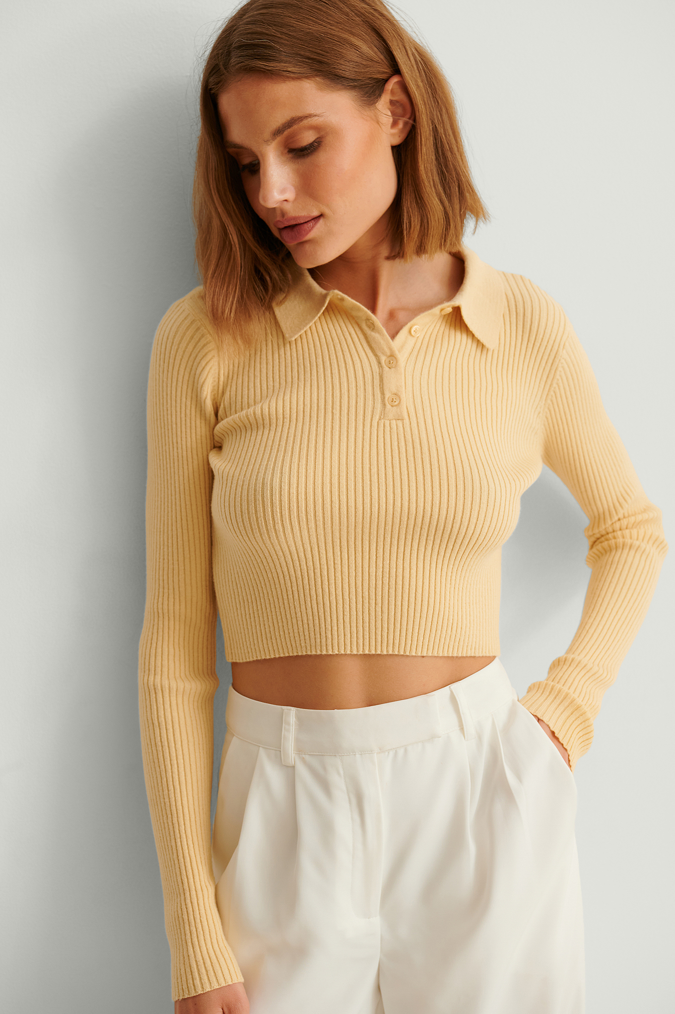 NA-KD Trend Button Detail Knitted Cropped Top - Yellow