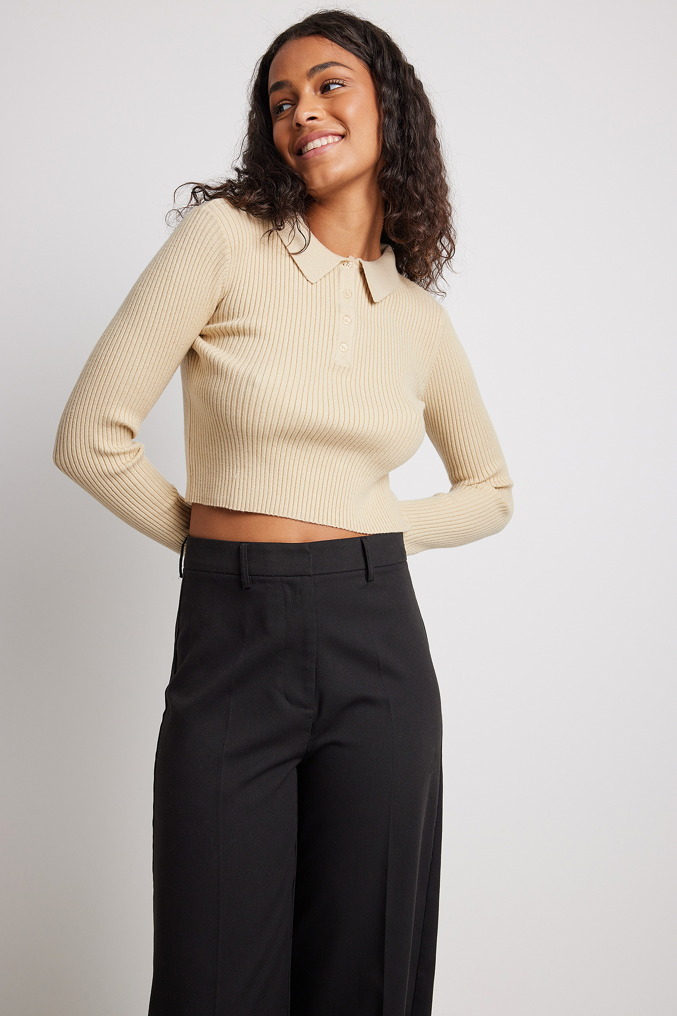 Beige Button Detail Knitted Cropped Top