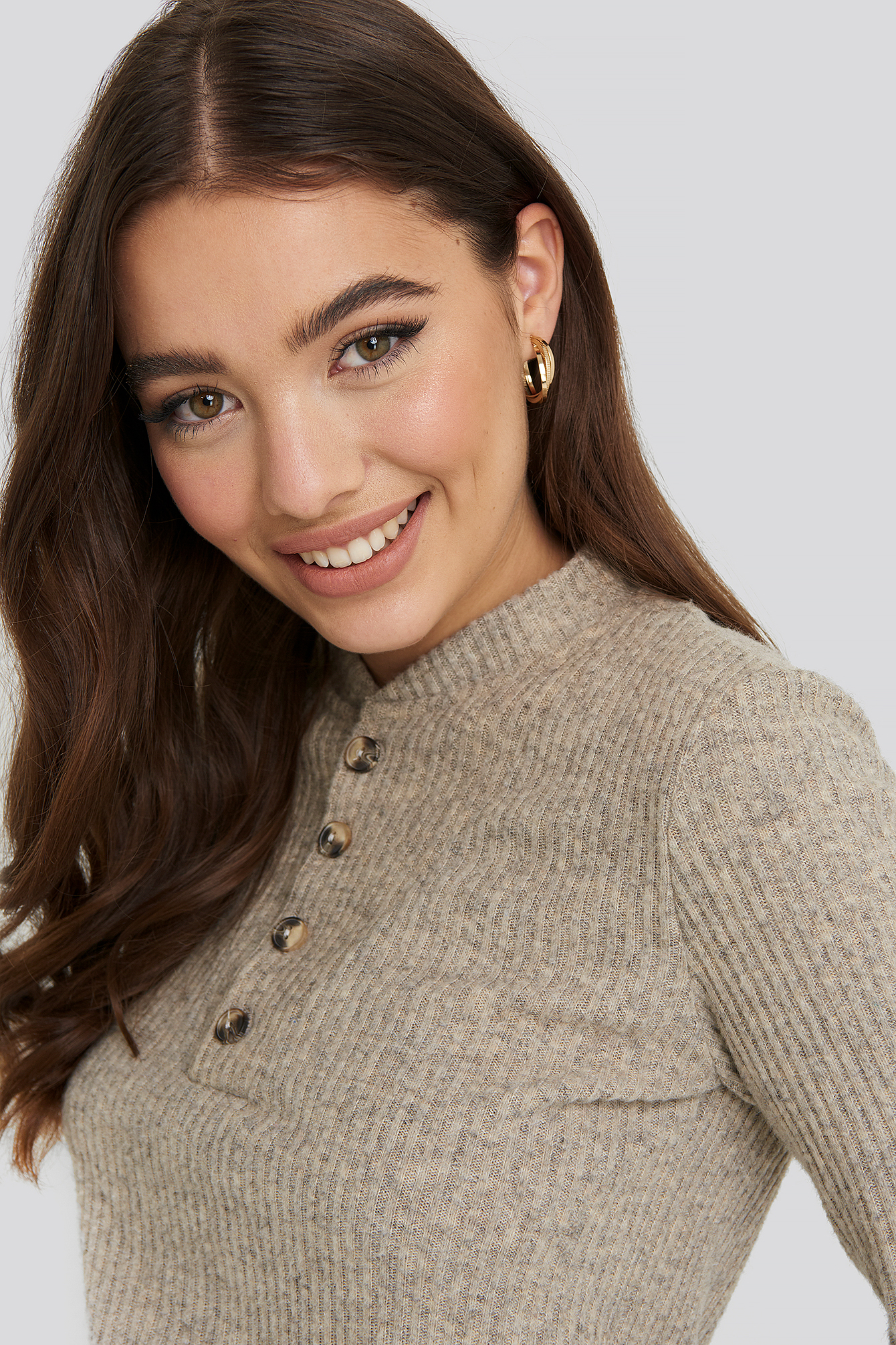 Button Detail Long Sleeve Ribbed Top Beige | NA-KD