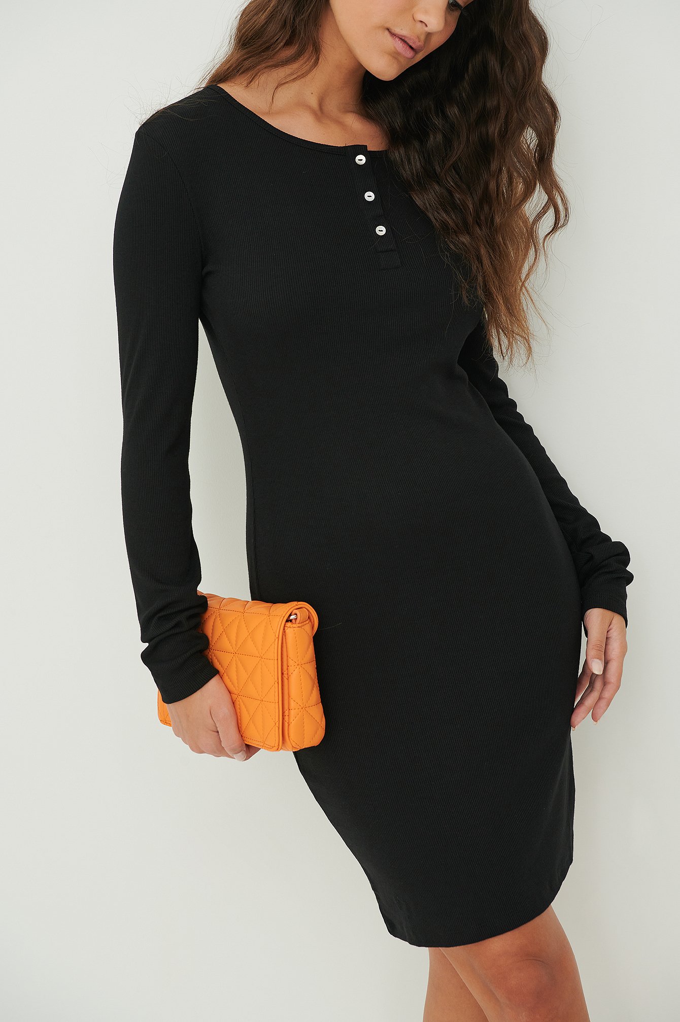 Black Recycled Button Detail Ribbed Dress