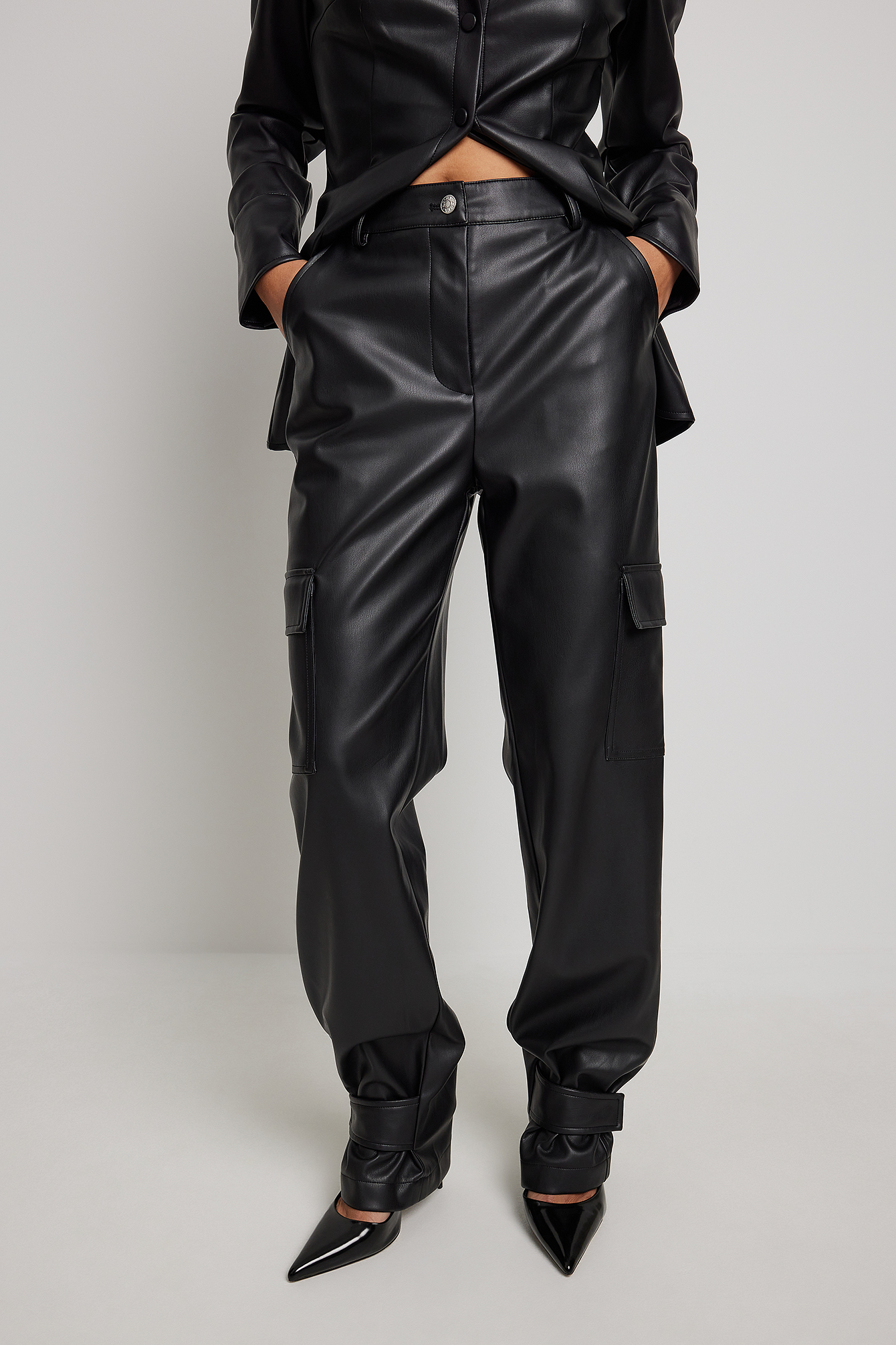 Cherry Koko Scout Faux Leather Cargo Trousers in Black  iCLOTHING   iCLOTHING