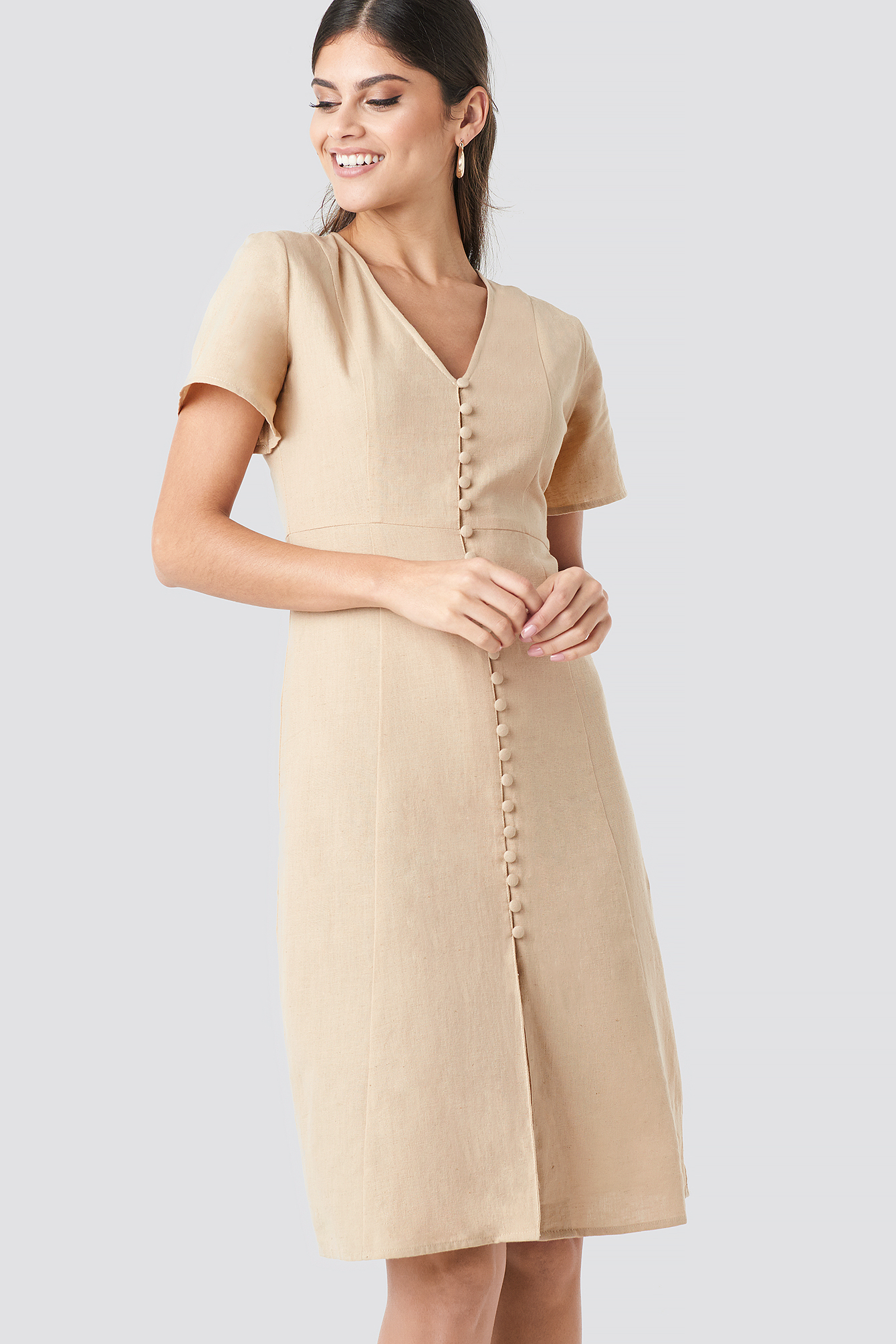 Button Front Linen-blend Dress Light Beige