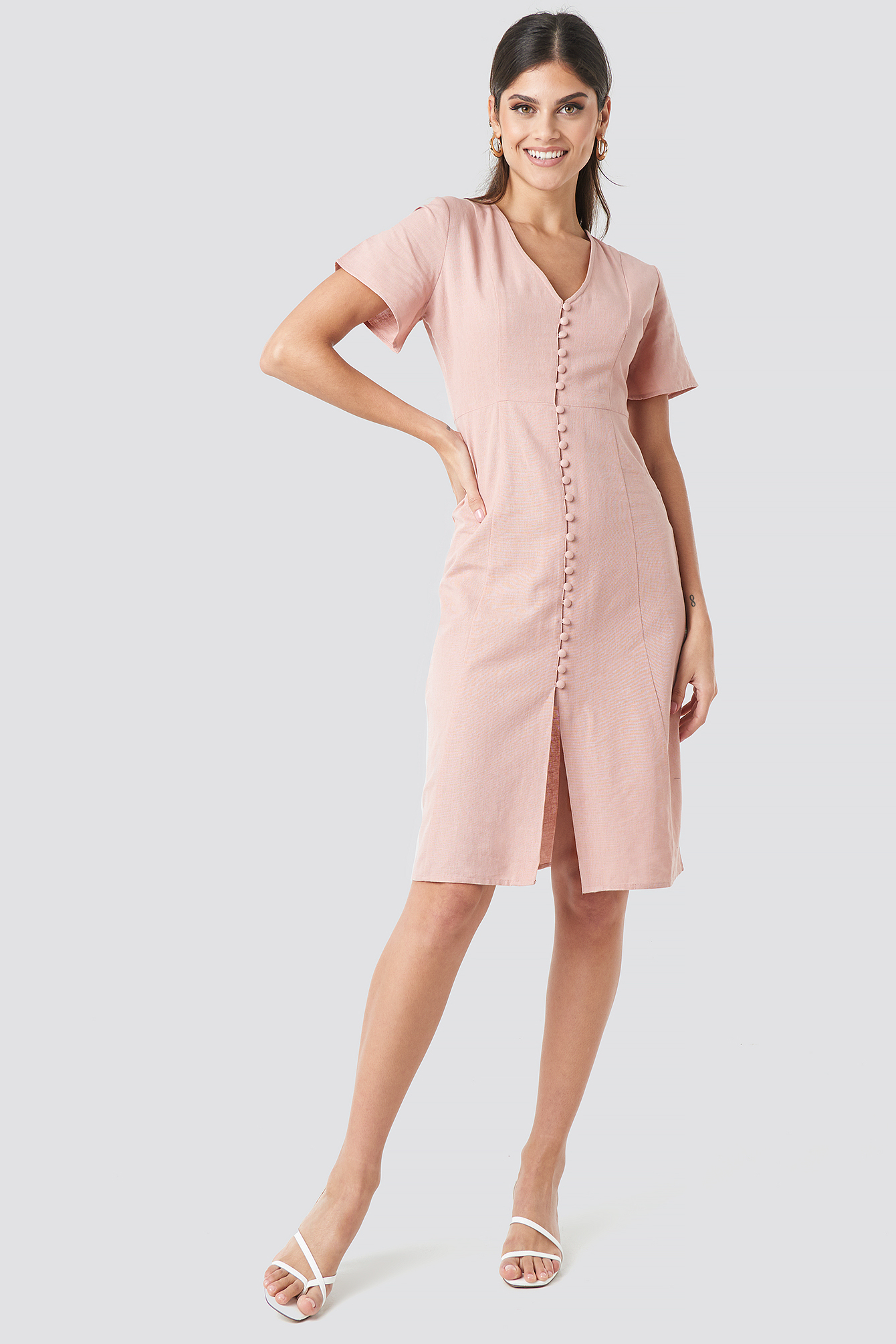 Button Front Linen-blend Dress Dusty Pink