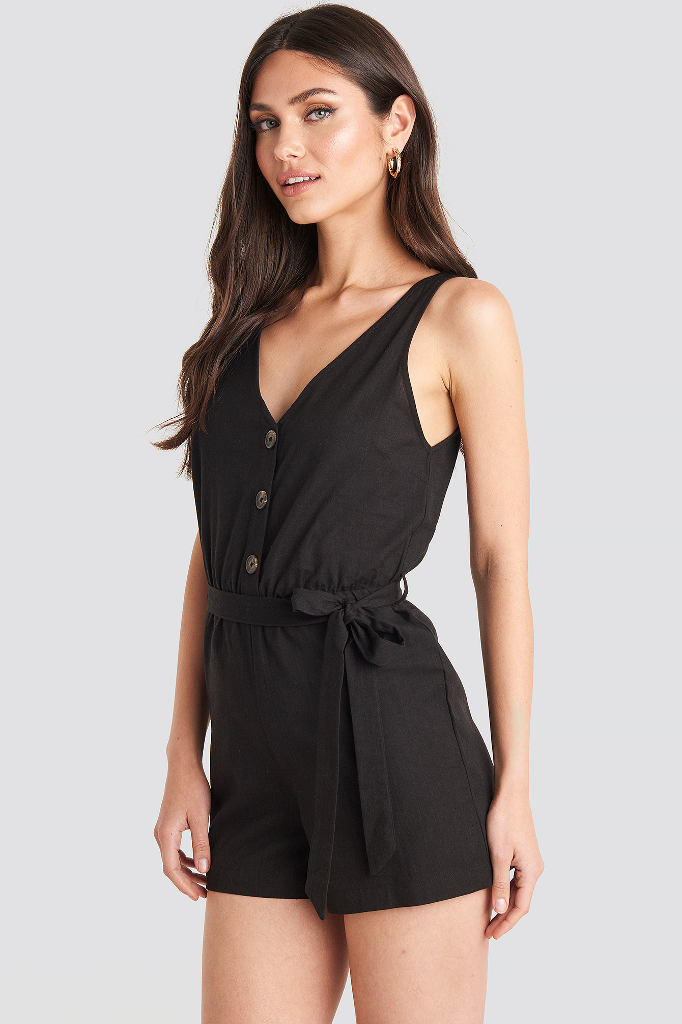 Button Front Tie Waist Playsuit Black