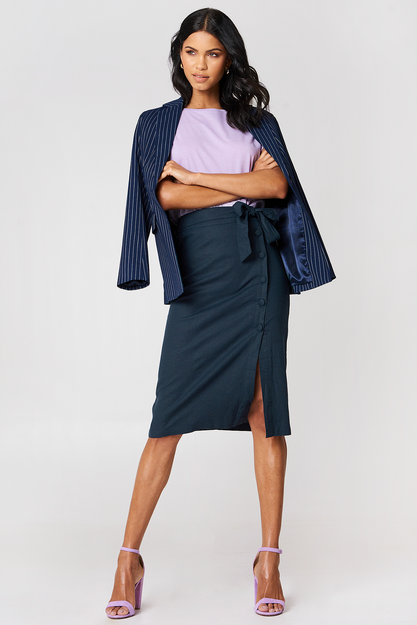 Button Linen Look Midi Skirt Blue | NA-KD
