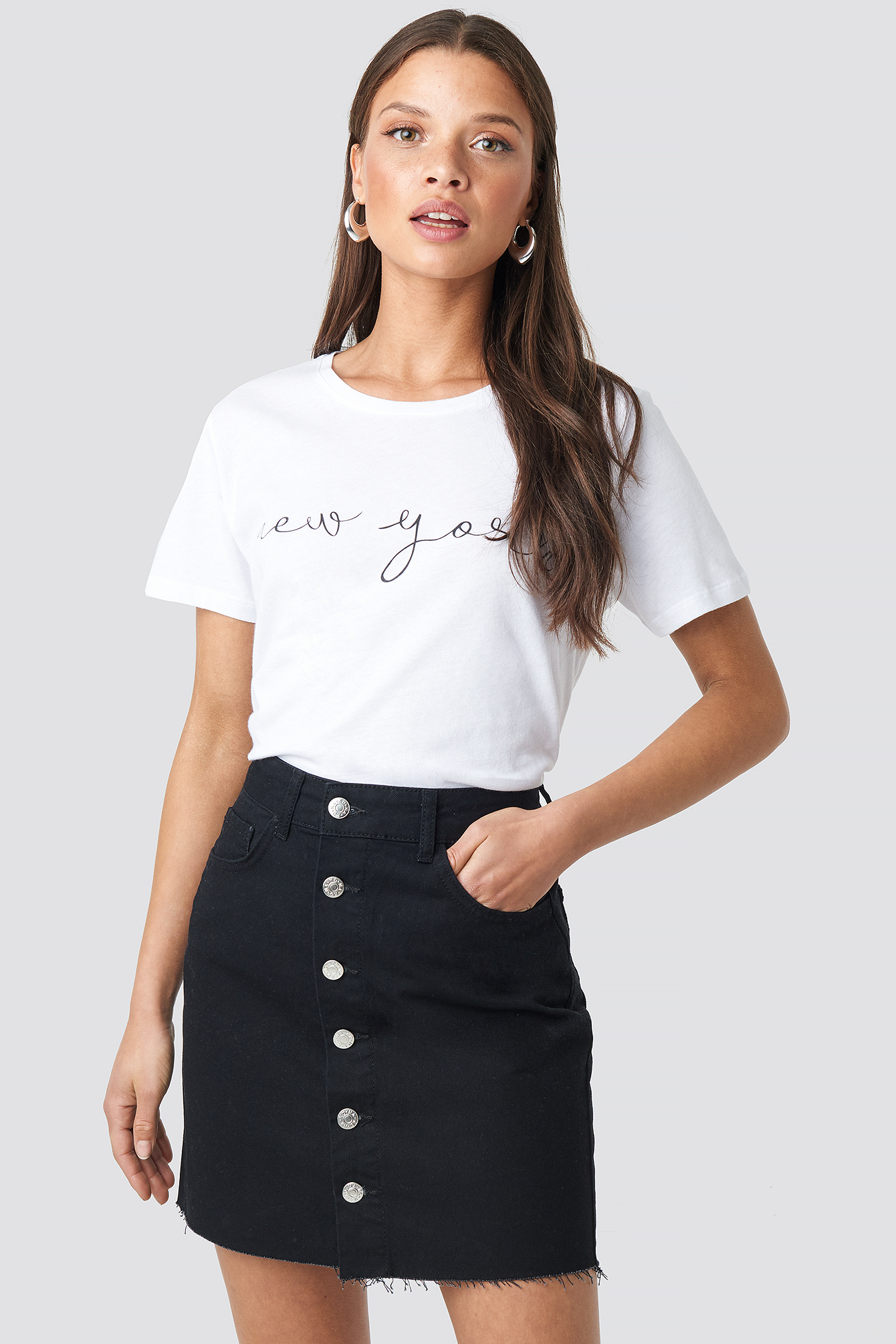Button Raw Hem Denim Skirt Black