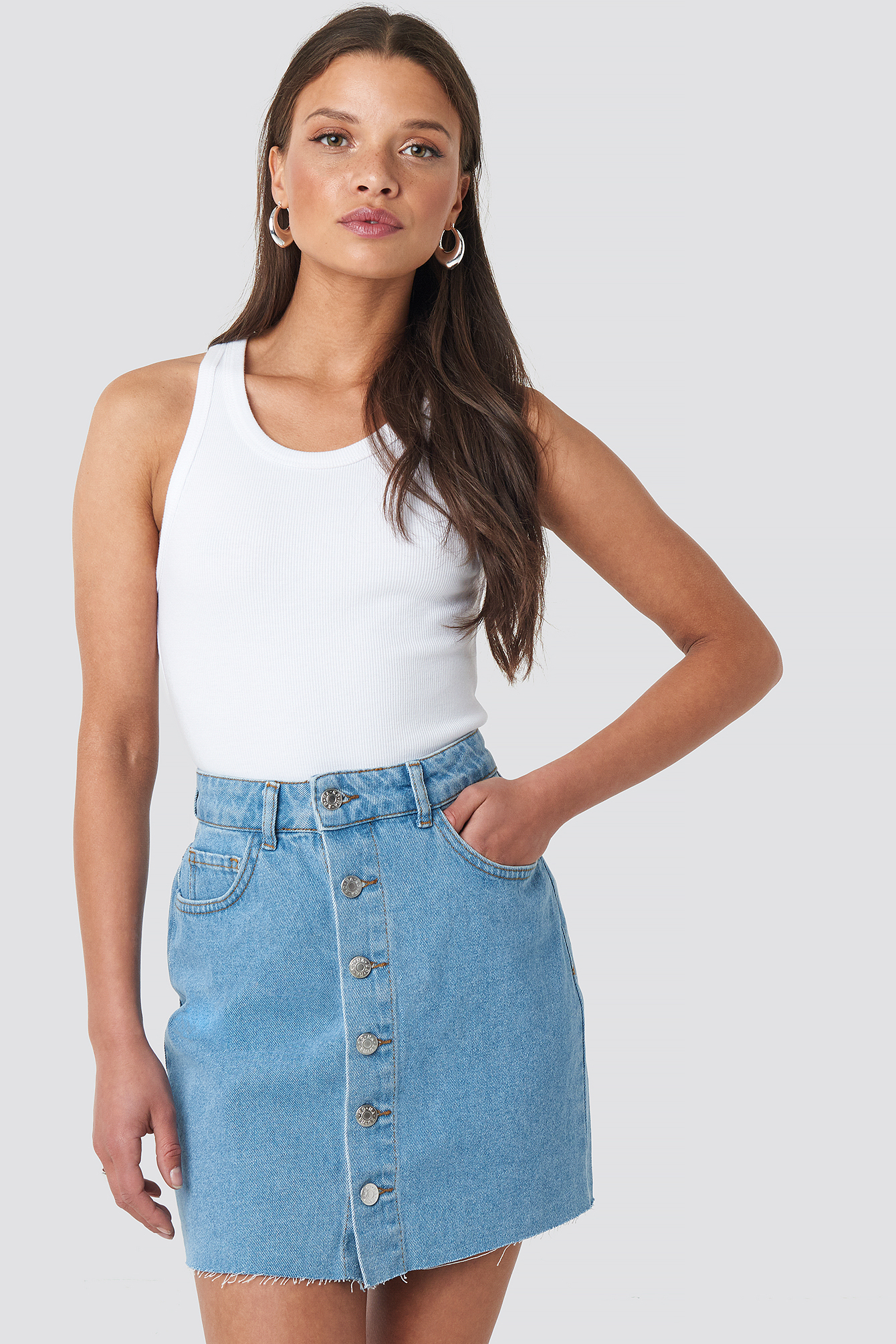 Button Raw Hem Denim Skirt Light Blue