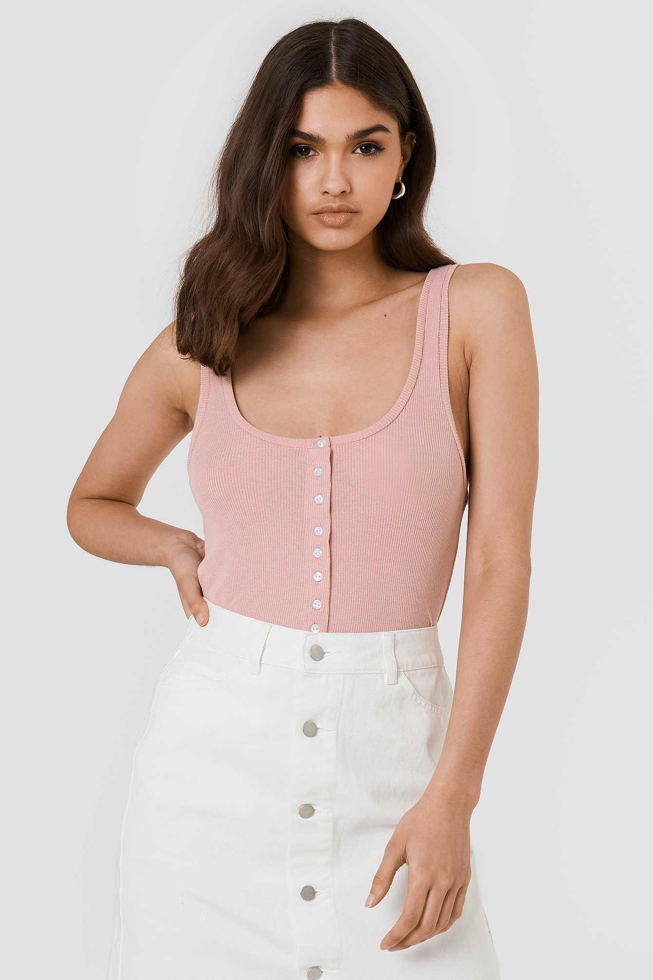 Button Ribbed Tank Top Pink | NA-KD