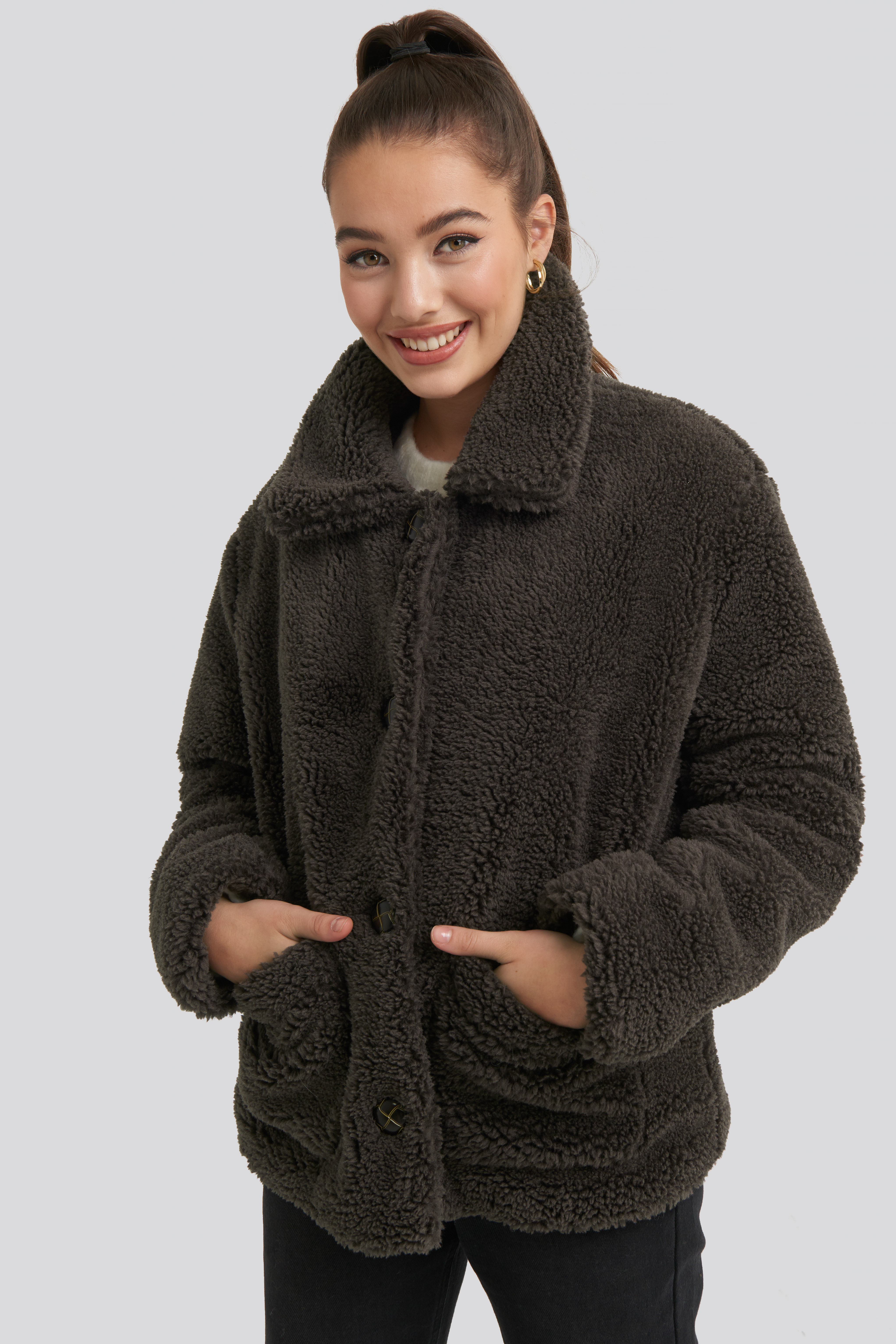 Button Teddy Jacket Brown