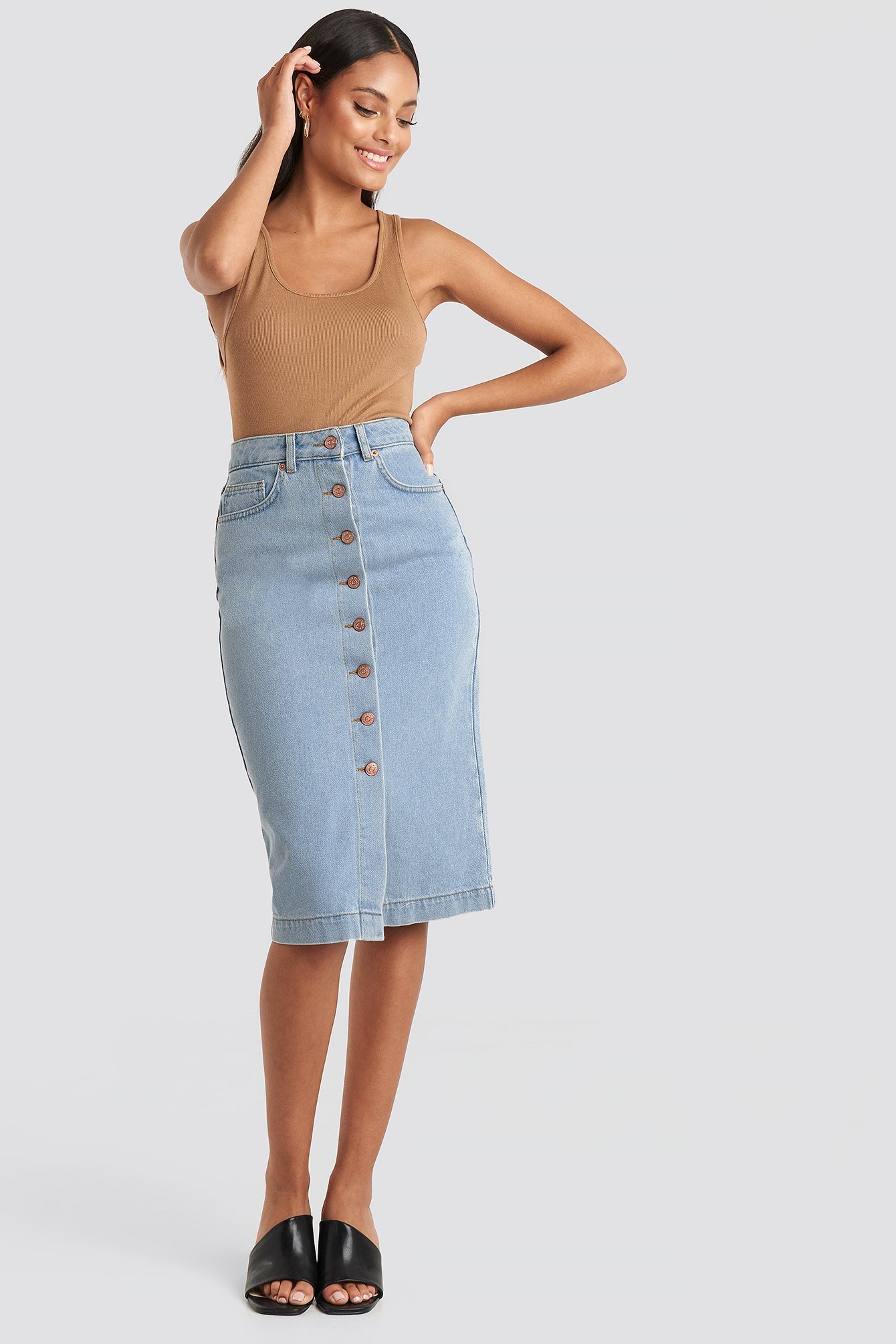 Button Up Denim Midi Skirt Blue | na-kd.com