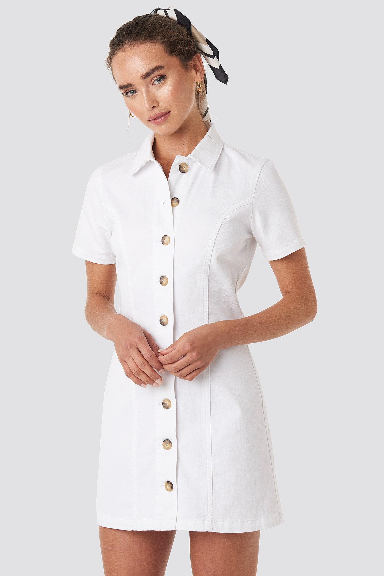 Button Up Denim Mini Dress White