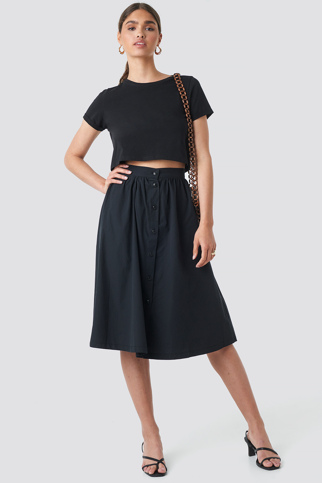 Button Up Midi Skirt Black