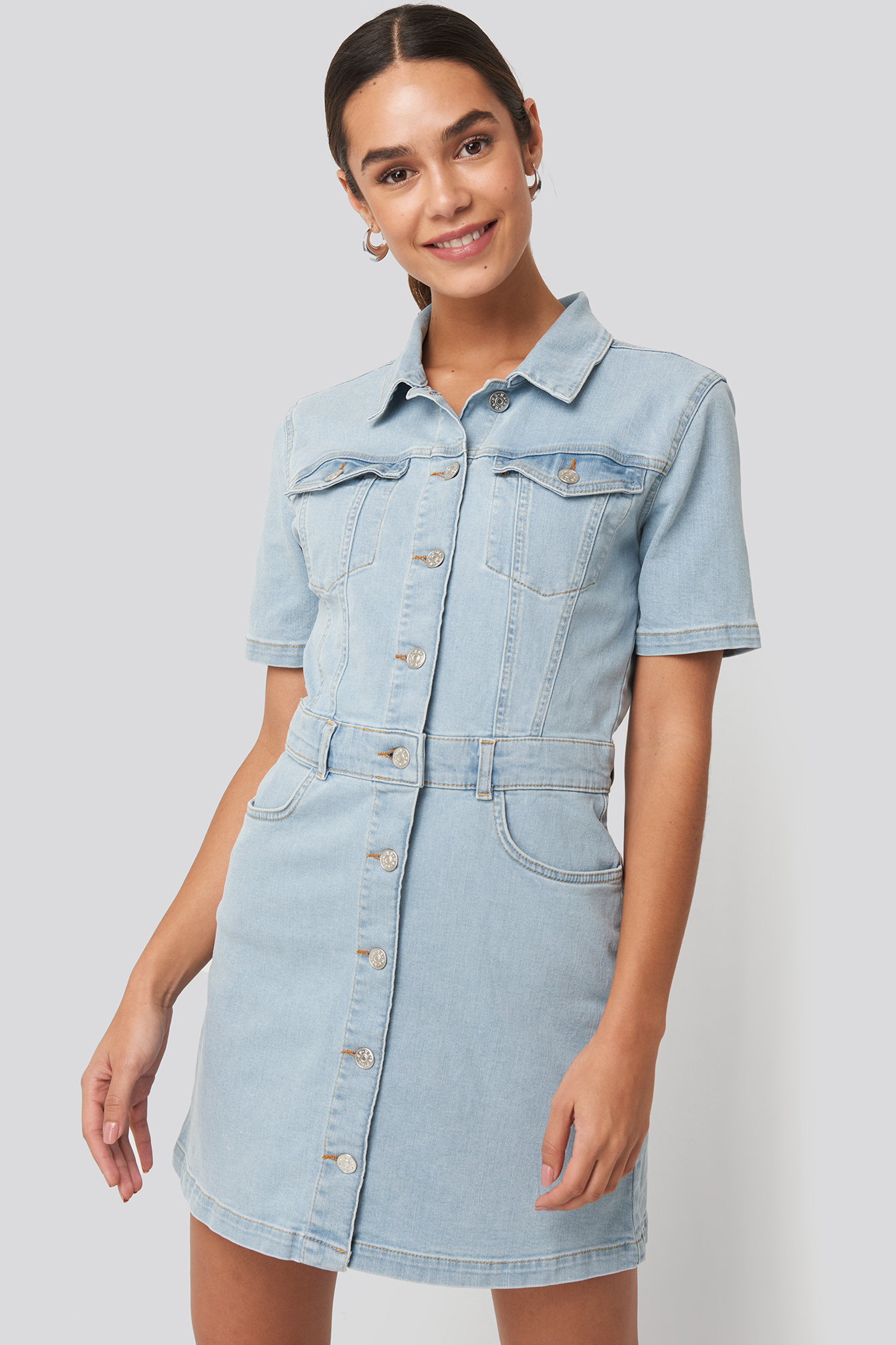 Button Up Mini Denim Dress Light Blue