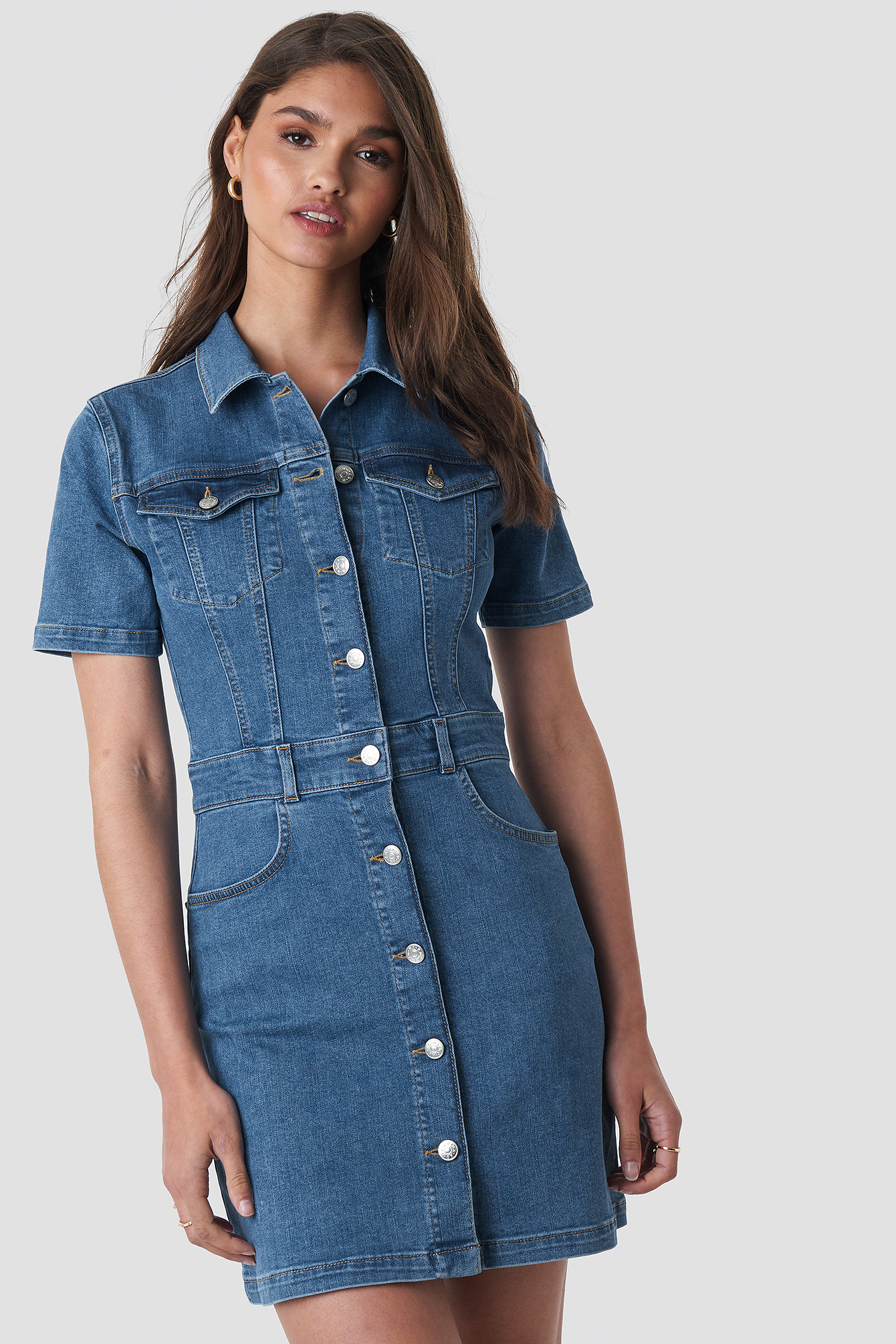 Button Up Mini Denim Dress Mid Blue Wash