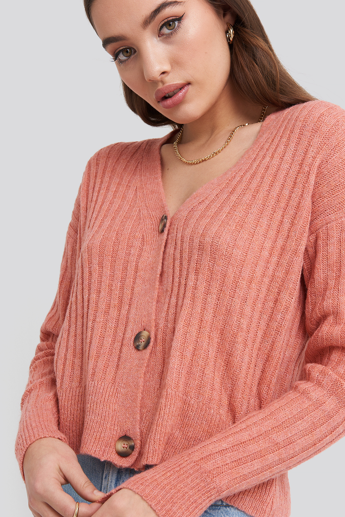 Button Up Ribbed Cropped Cardigan Dark Pink